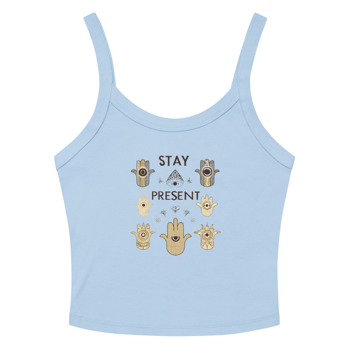 Light blue ribbed tank top with 'Stay Present' and hamsa hand graphic in gold and brown