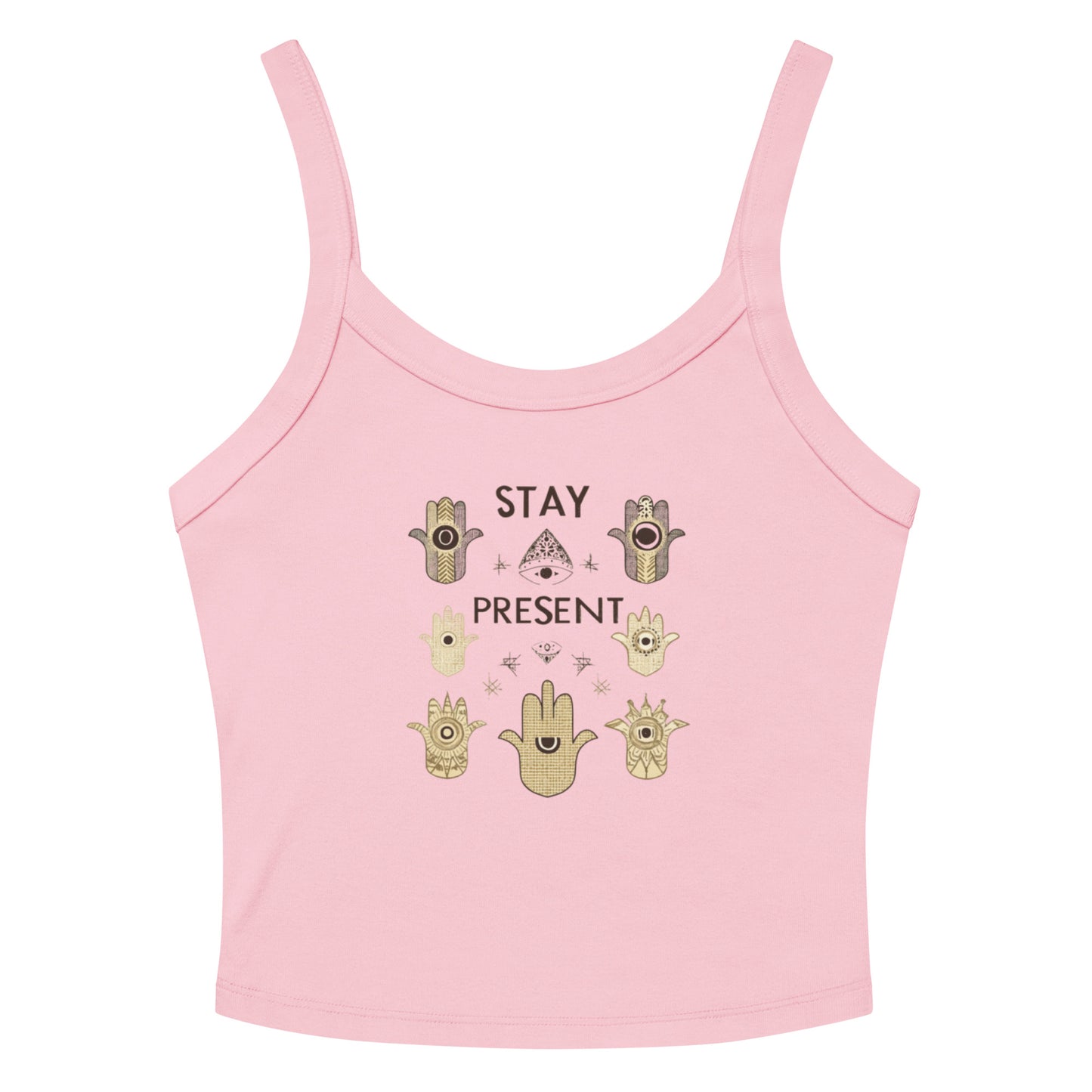 Pink ribbed tank top with 'Stay Present' and hamsa hand graphic in gold and brown