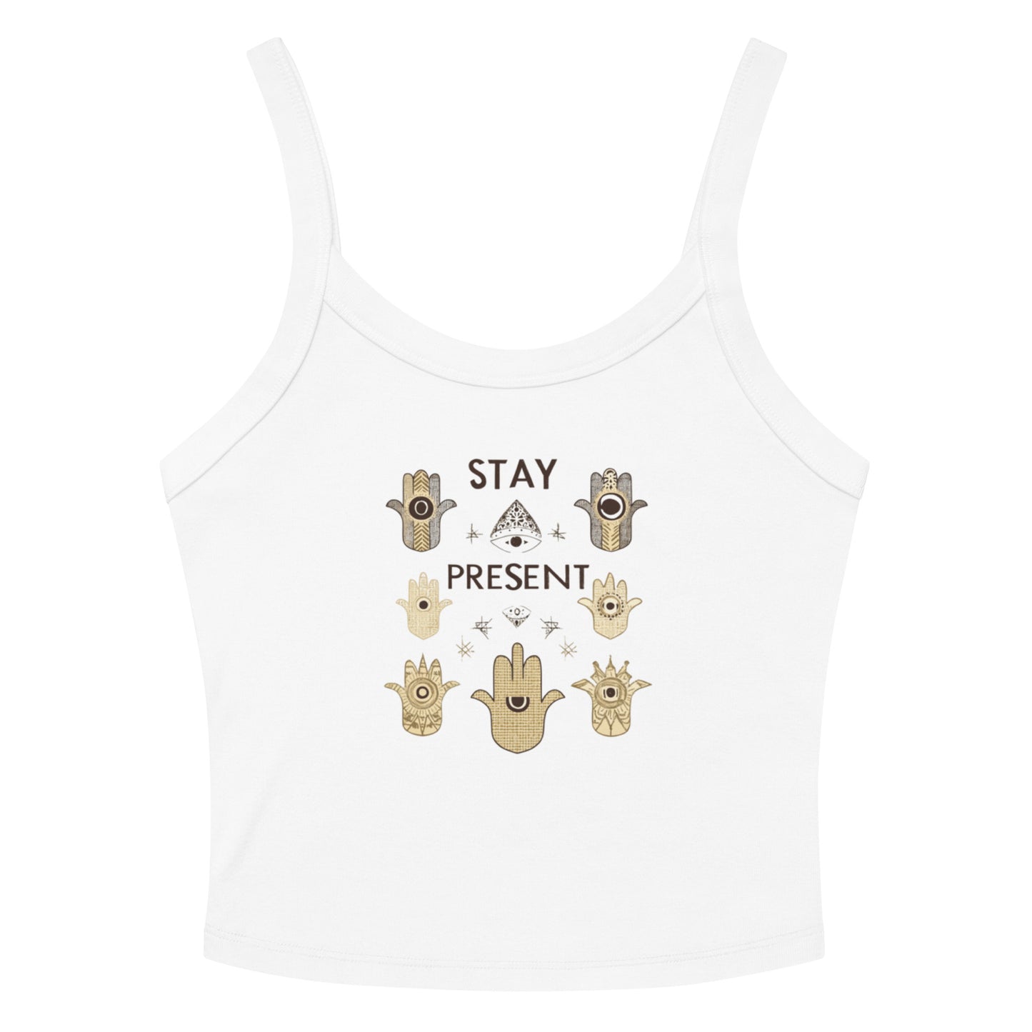 White ribbed tank top with 'Stay Present' and hamsa hand graphic in gold and brown
