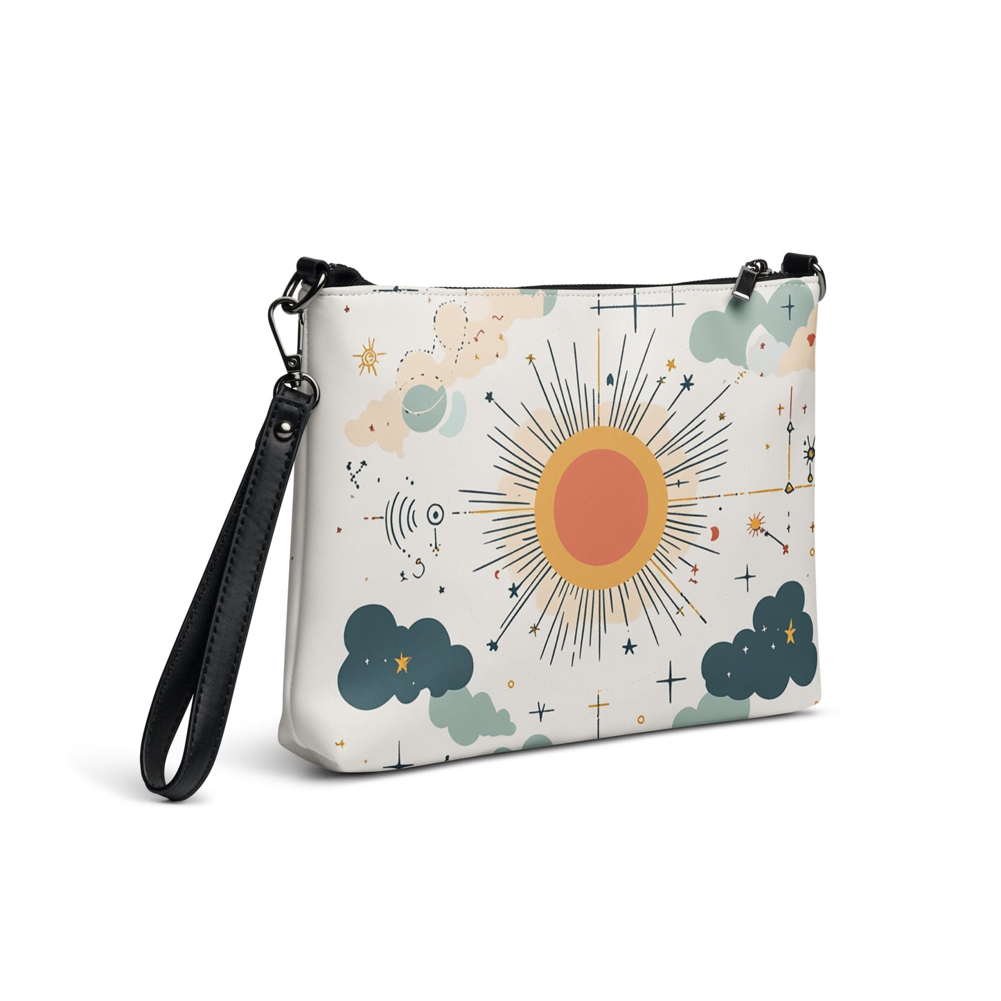 Stylish crossbody bag featuring a sunburst pattern with clouds and stars, ideal for casual or formal occasions