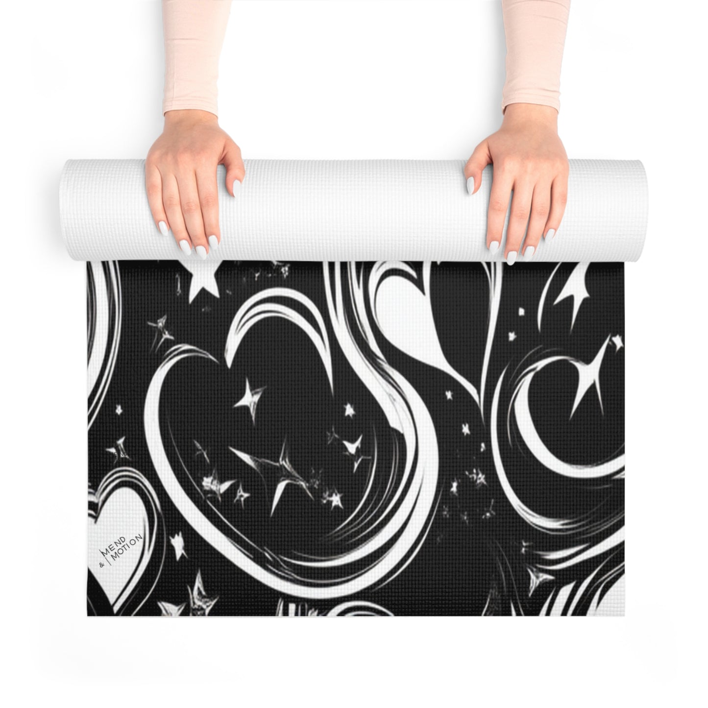 Yoga mat with vertical mandala designs in warm sunrise hues of orange, pink, and yellow, blending art with mindfulness