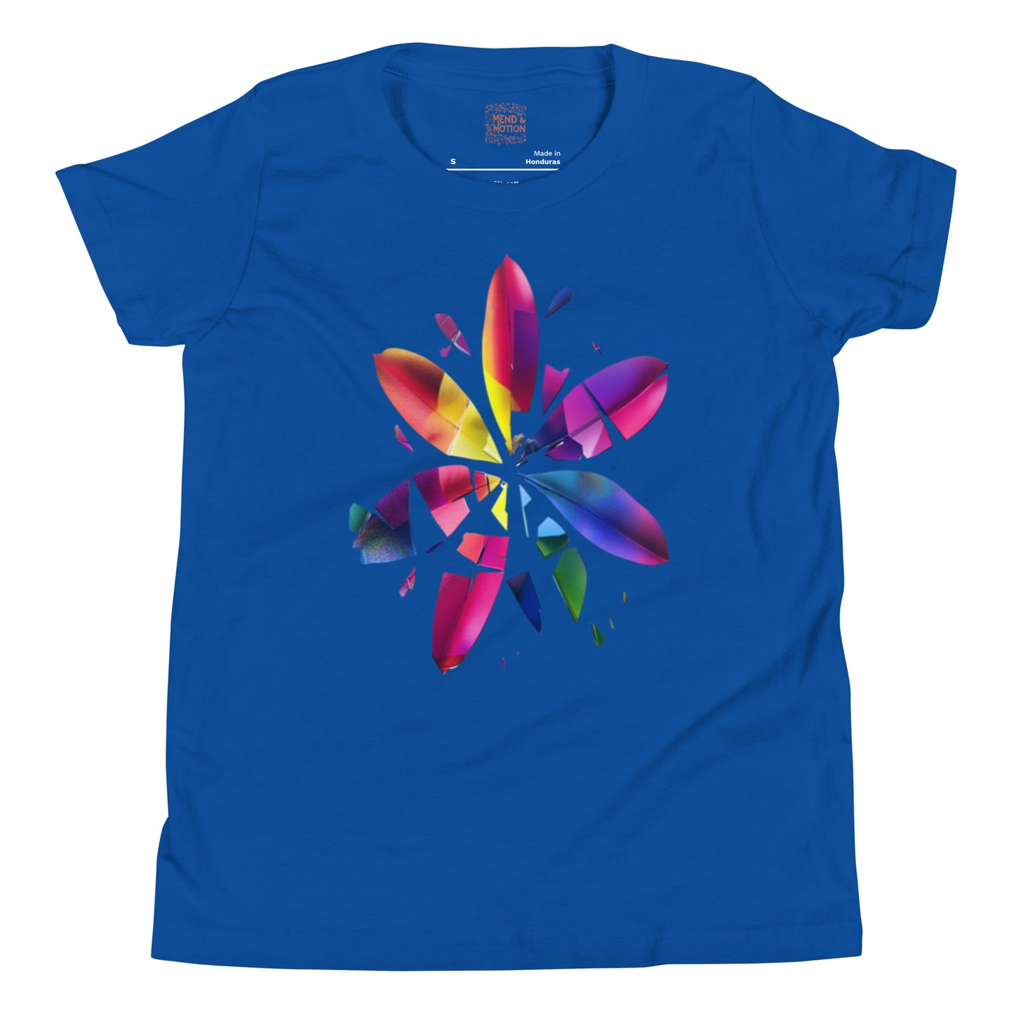 True royal blue youth tee with a striking, colorful shattered design in the shape of a blooming flower.