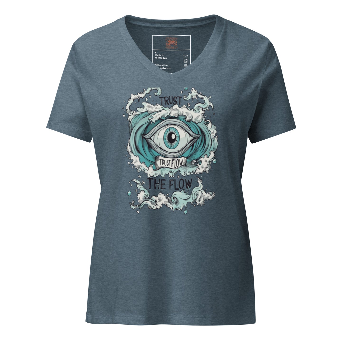 Dark Heather Gray V-Neck T-Shirt with "Trust the Flow" artistic eye and wave design