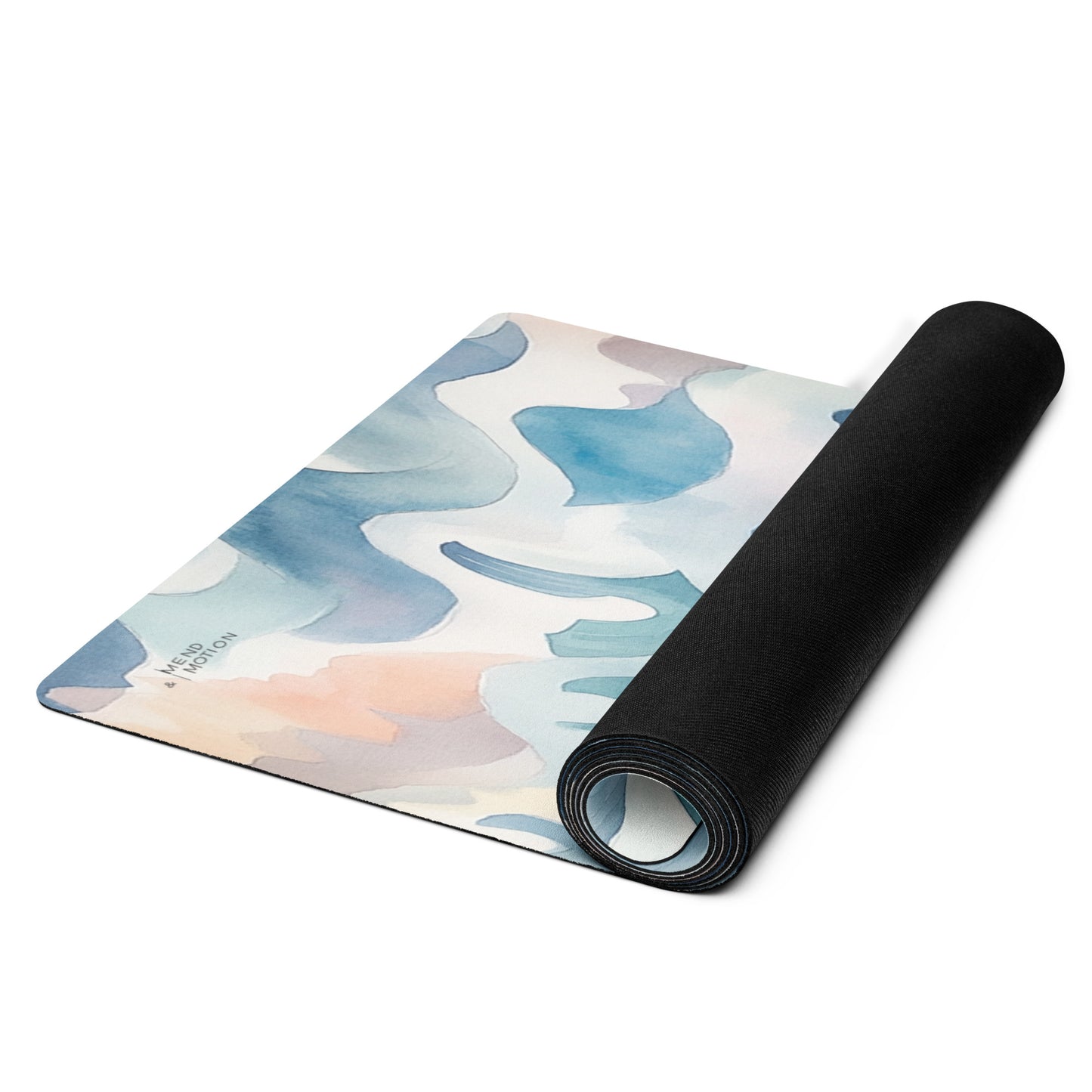 An unrolled yoga mat displaying a serene pastel abstract design with soft waves in blue, pink, and beige, ideal for yoga or meditation practices.