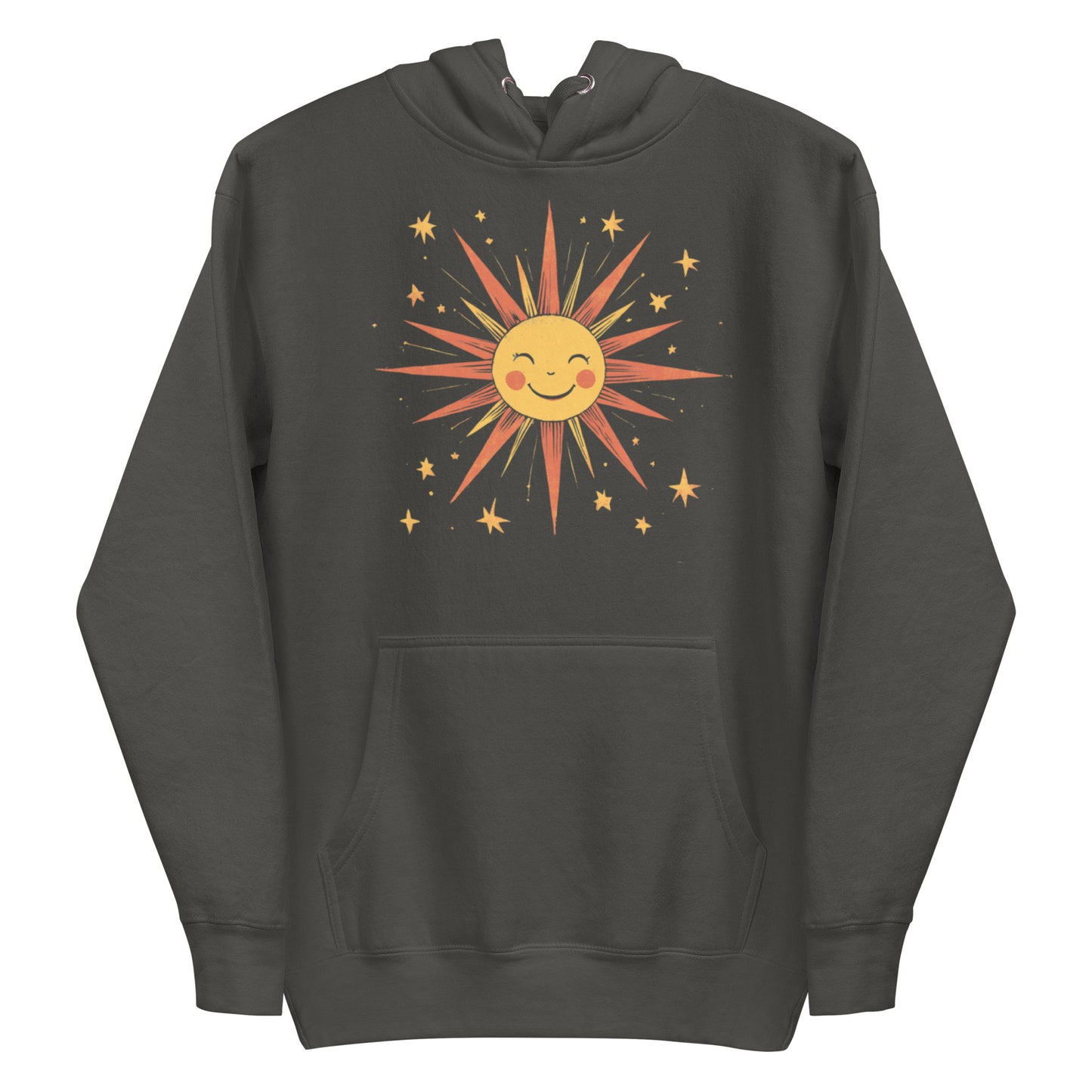 Vintage black hoodie with yellow sun and stars design.