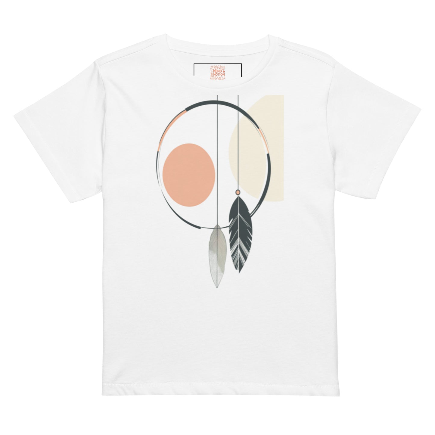 White high-waisted tee with a simple dreamcatcher graphic and feather details.