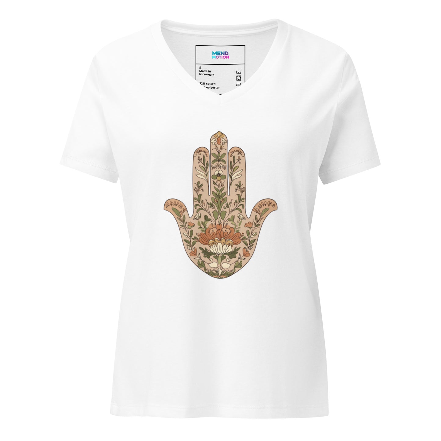 White V-neck T-shirt adorned with a delicate floral Hamsa design, offering a fresh and stylish look with a touch of mindfulness.