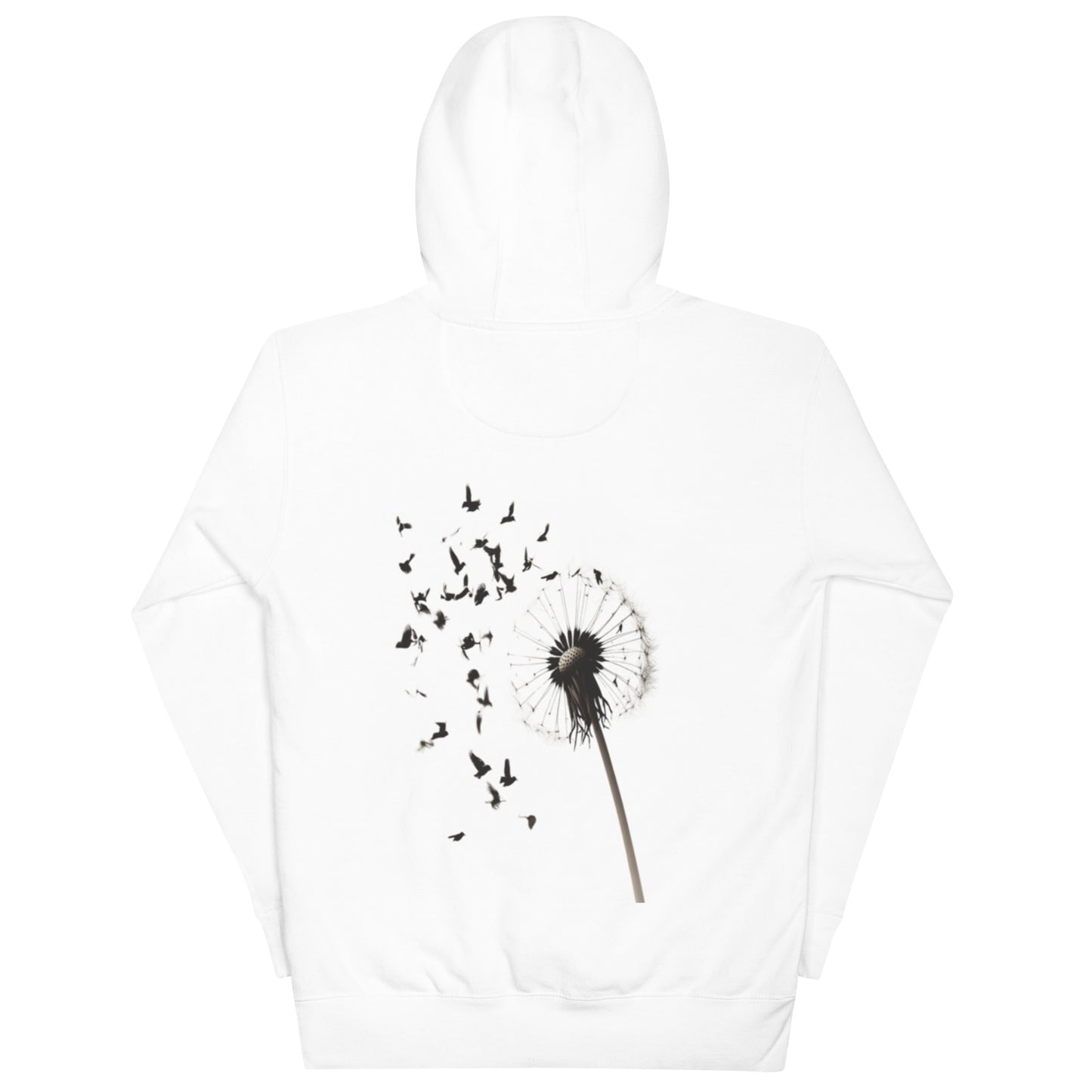 White hoodie showcasing a dandelion dispersing into birds design on the back.