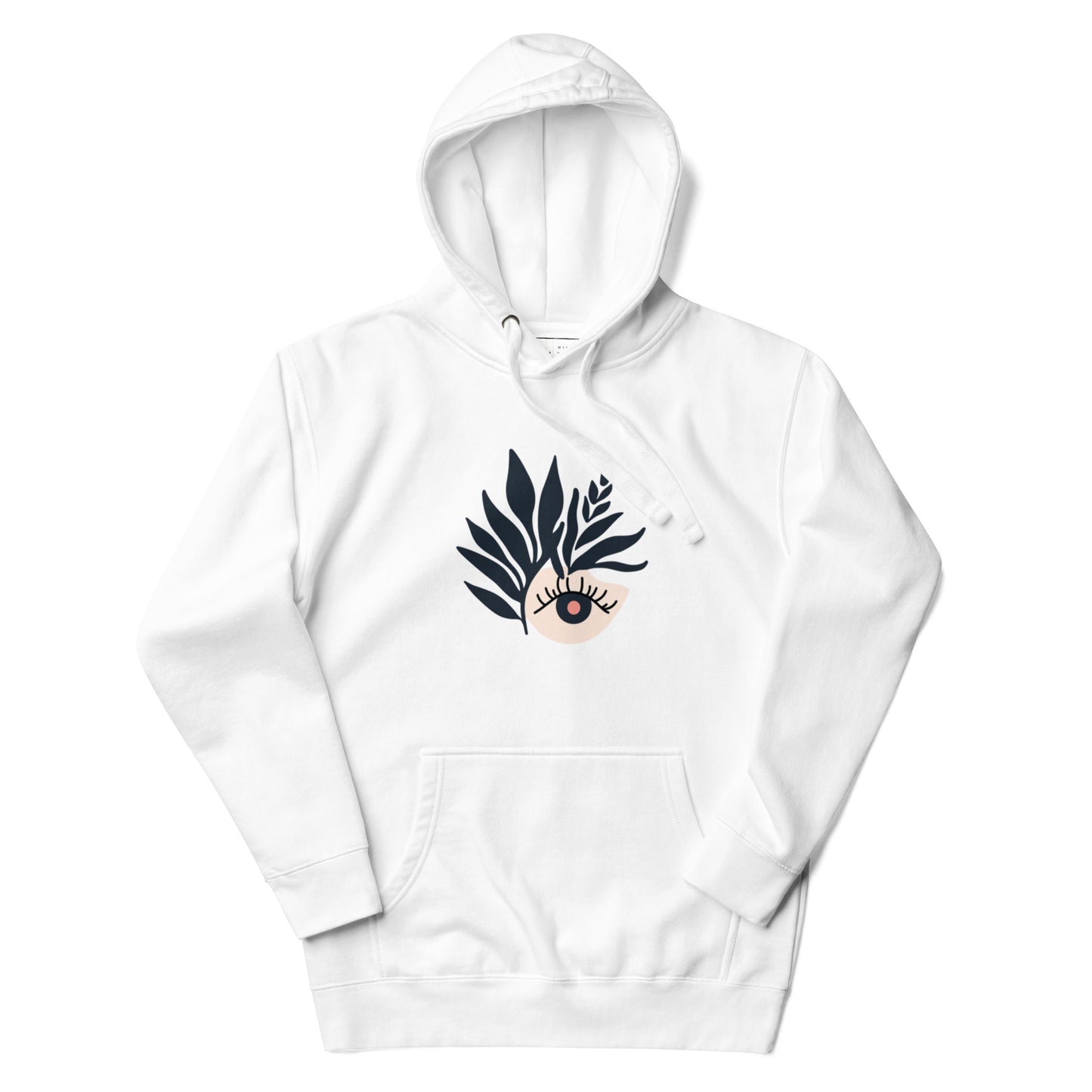 White hoodie featuring a bold black leafy eye print on the chest.