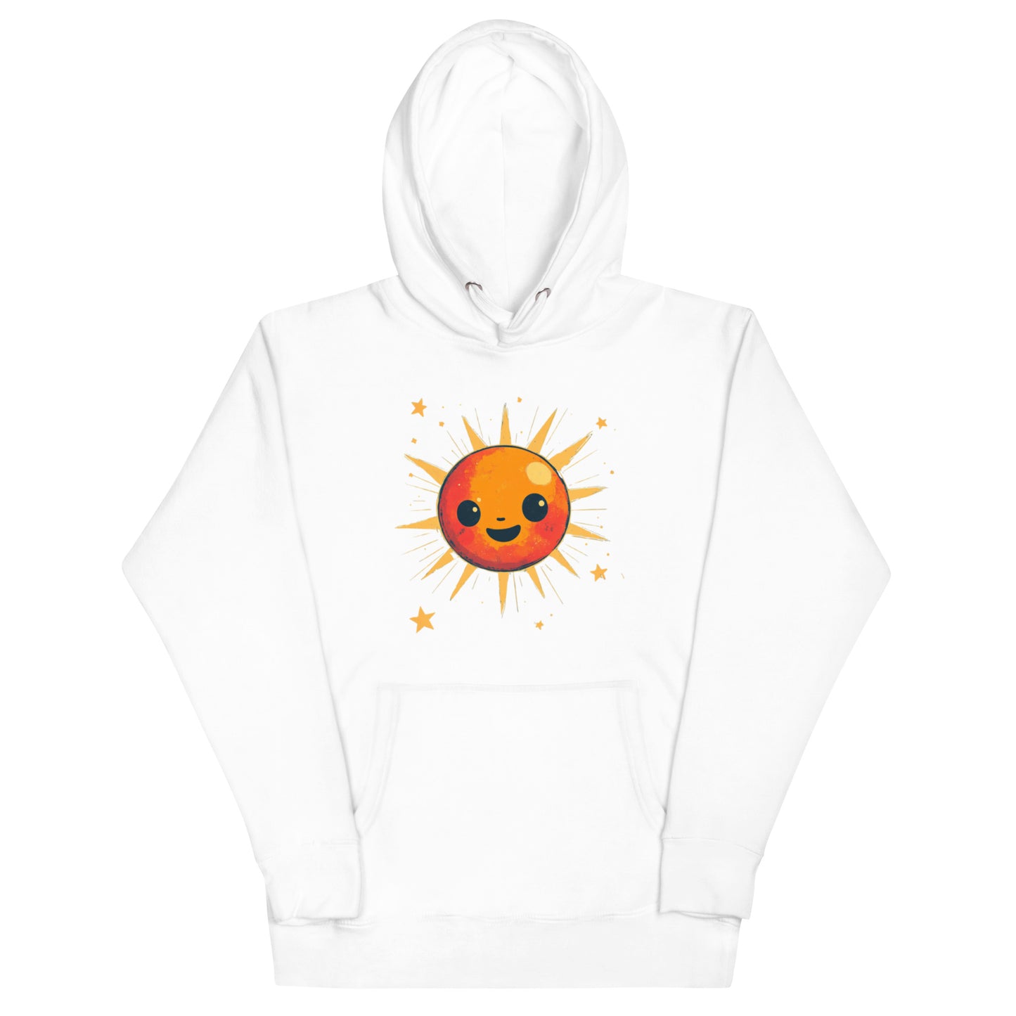 A white hoodie showcasing a radiant orange sun with golden rays and stars in a whimsical design