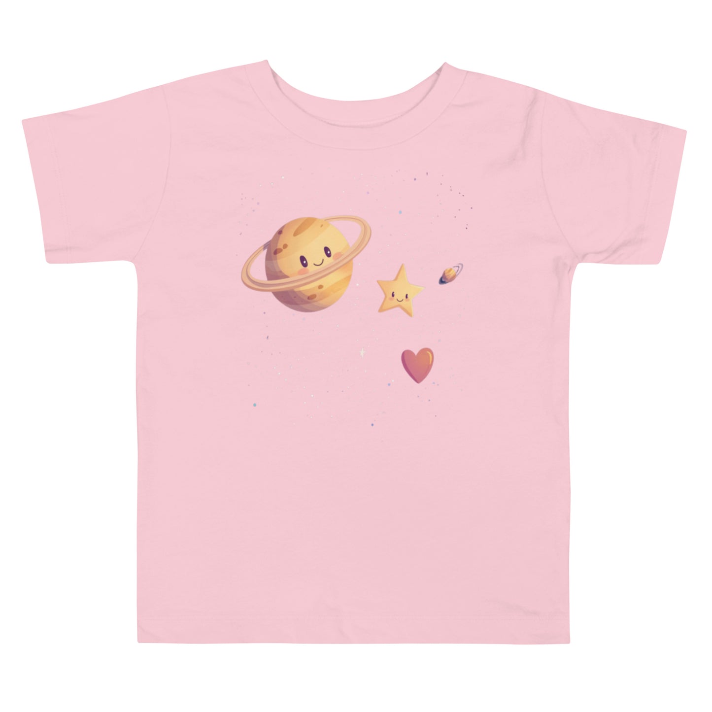 A white toddler T-shirt featuring a charming design of a smiling Saturn, a cheerful star, a heart, and tiny stars scattered around.