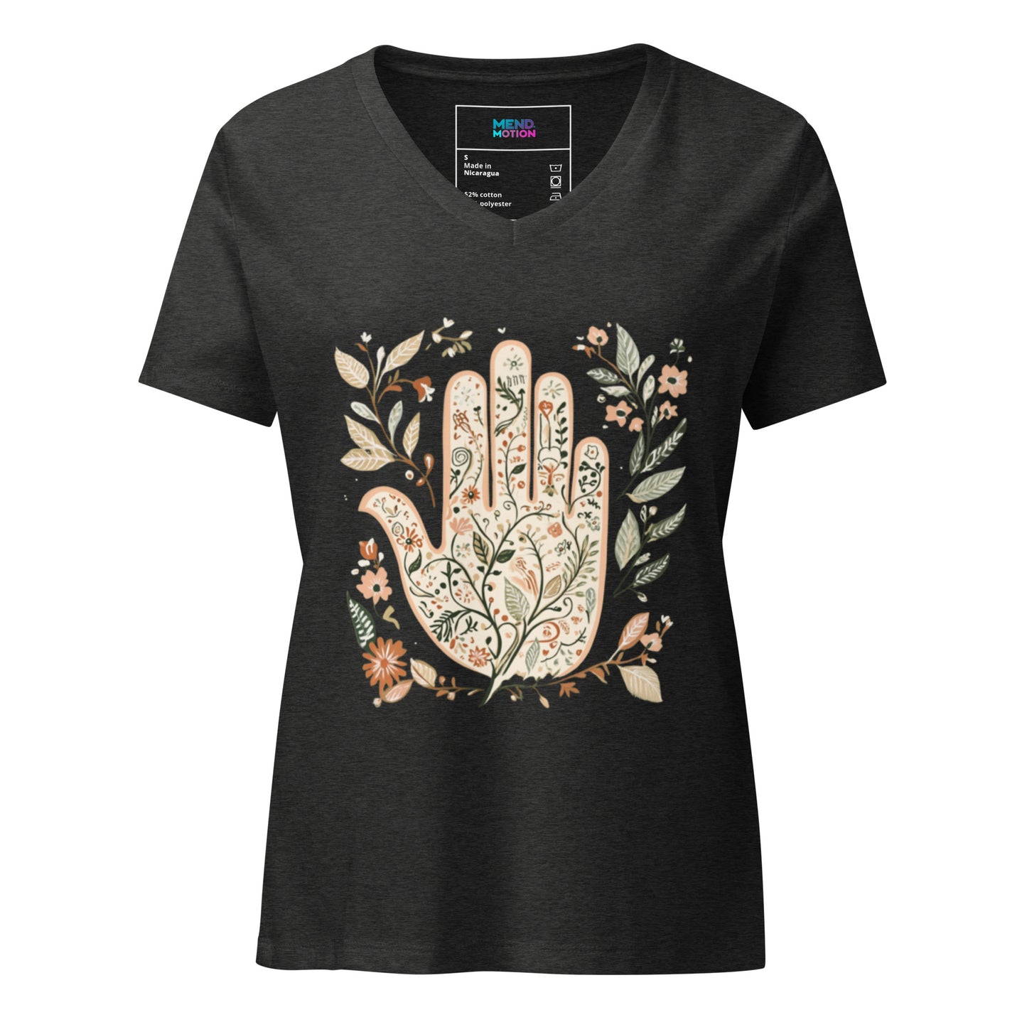 Dark grey heather women's V-neck t-shirt with an intricate floral Hamsa design