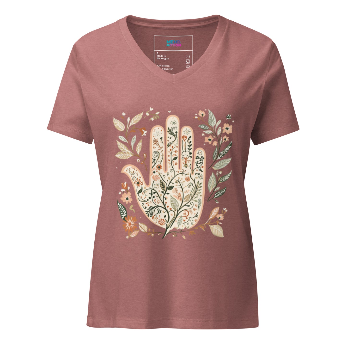 Heather mauve women's V-neck t-shirt showcasing a beautiful floral Hamsa artwork