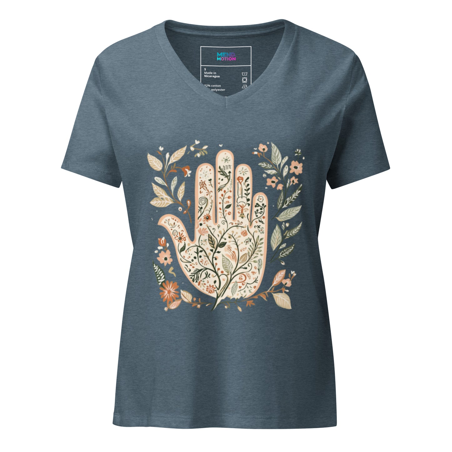 Heather slate women's V-neck t-shirt with a stunning floral Hamsa print