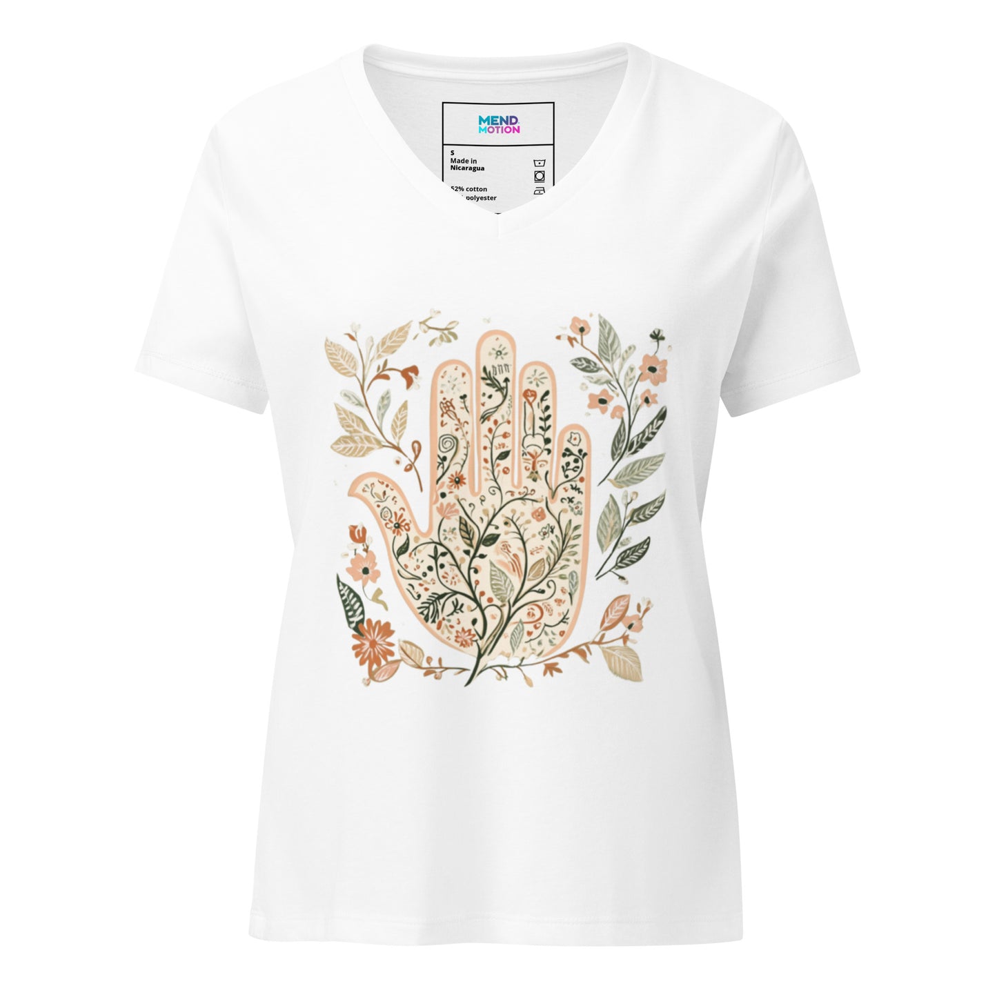 Solid white women's V-neck t-shirt with a delicate floral Hamsa design.