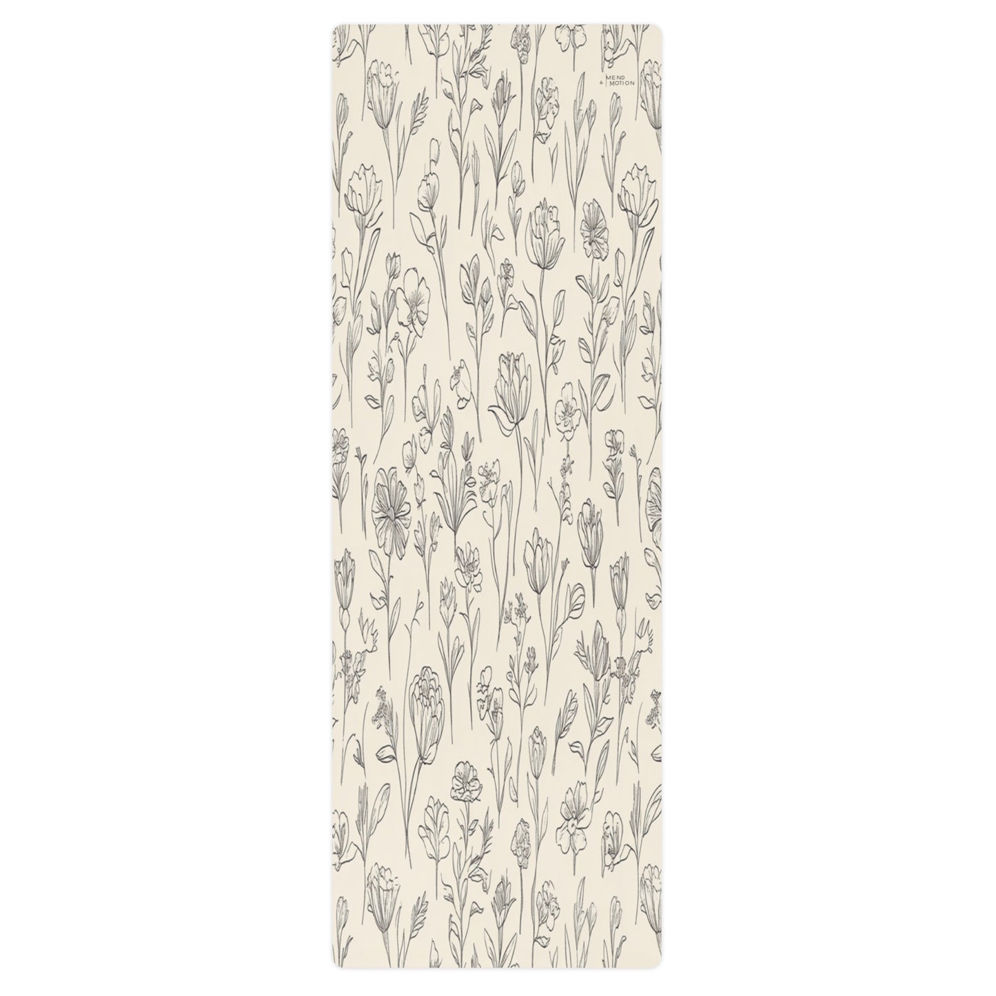 Beige yoga mat with a delicate floral sketch pattern featuring tulips and other wildflowers, laid flat to showcase the full design