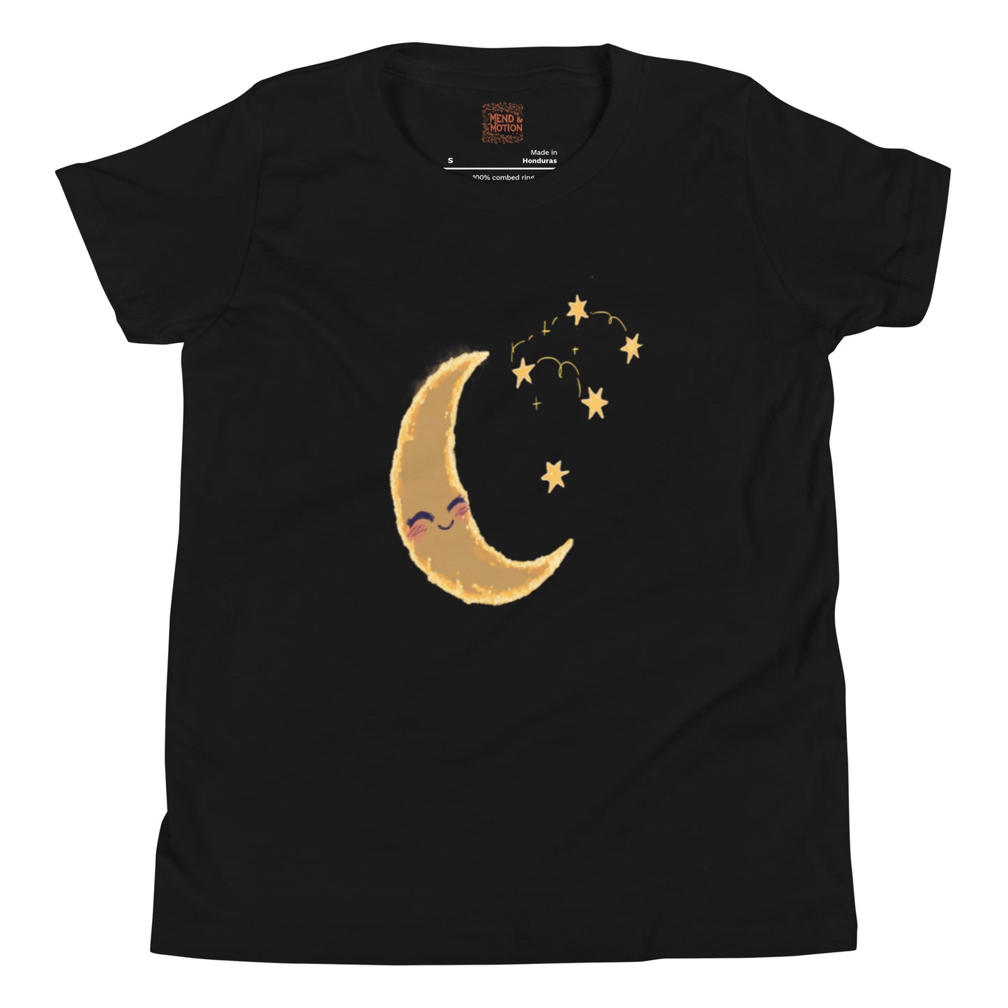 Youth black tee showcasing a cute golden crescent moon smiling with surrounding yellow stars.