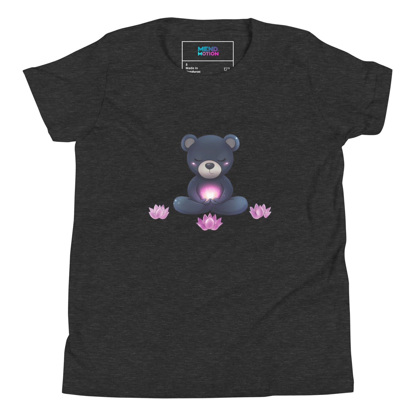 Youth dark grey heather t-shirt with a meditating bear graphic and glowing pink lotus flowers