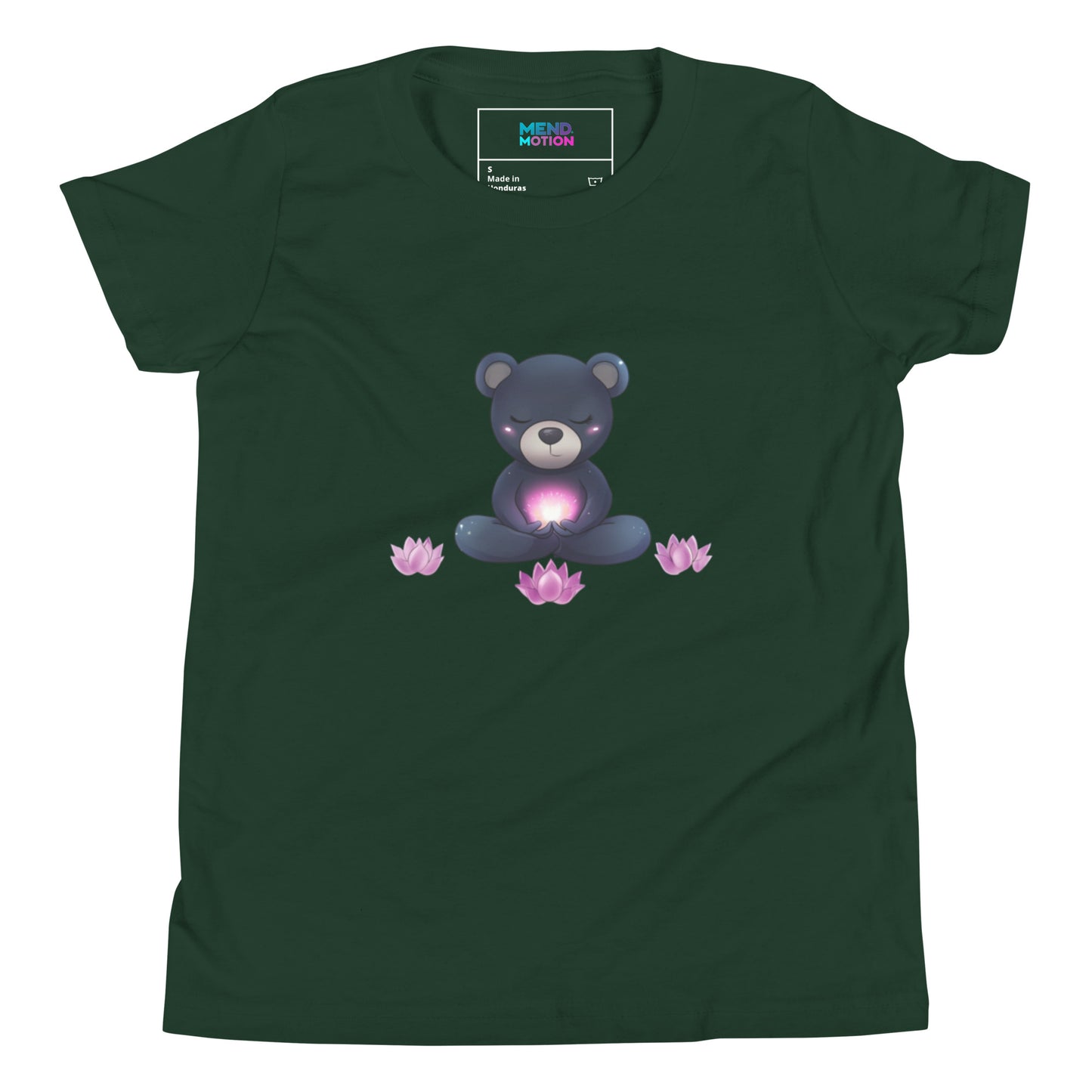 Youth forest green t-shirt featuring a meditating bear with pink energy and lotus flowers