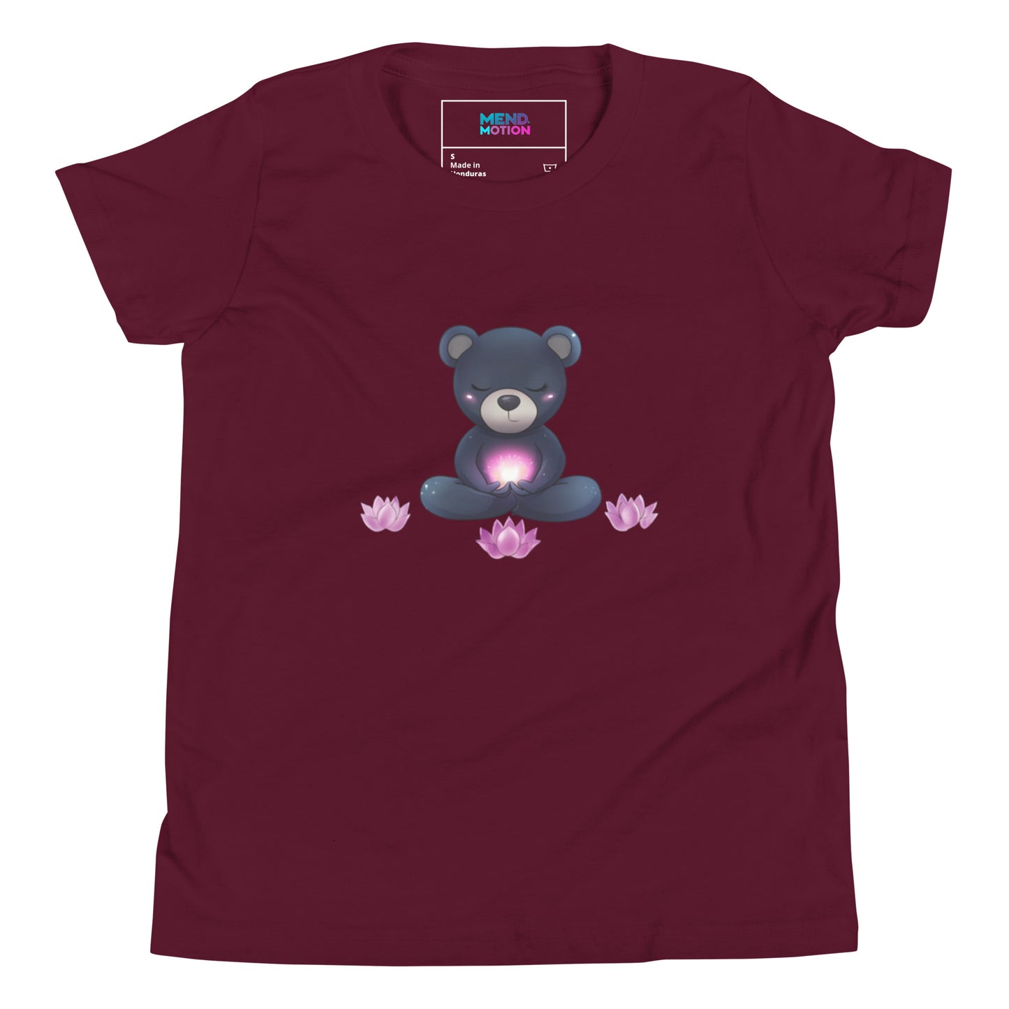Youth maroon t-shirt showcasing a meditating bear design surrounded by glowing lotus flowers
