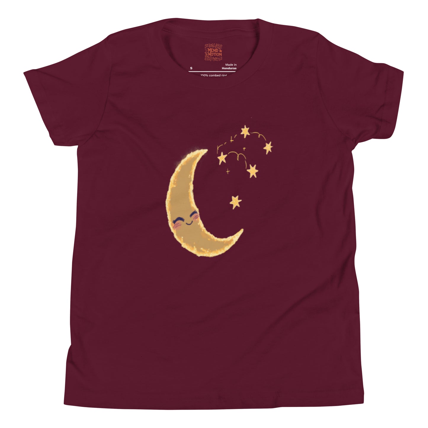 Youth maroon tee featuring a smiling golden crescent moon and scattered yellow stars.