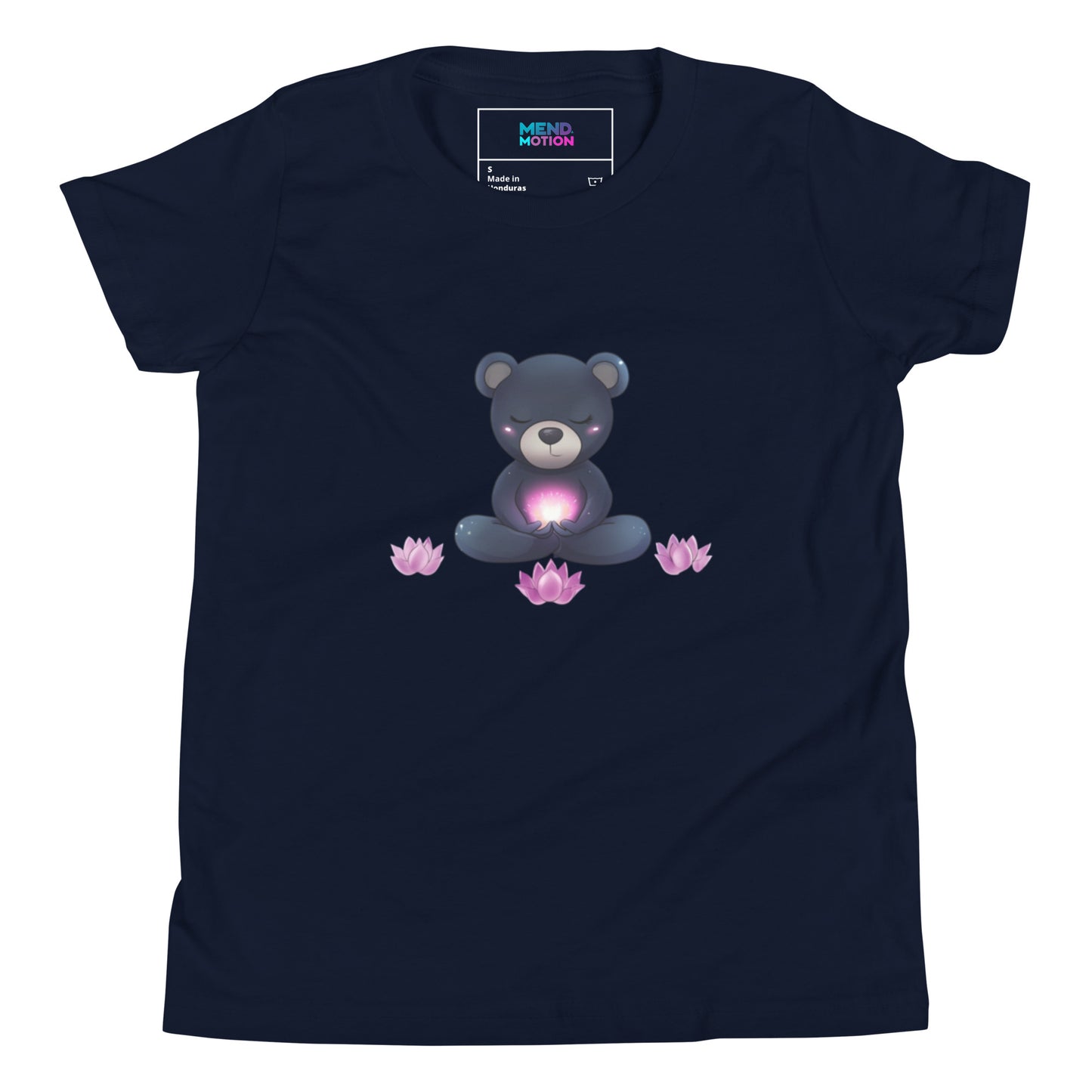 Youth navy blue t-shirt with a meditating bear graphic and pink lotus flowers around