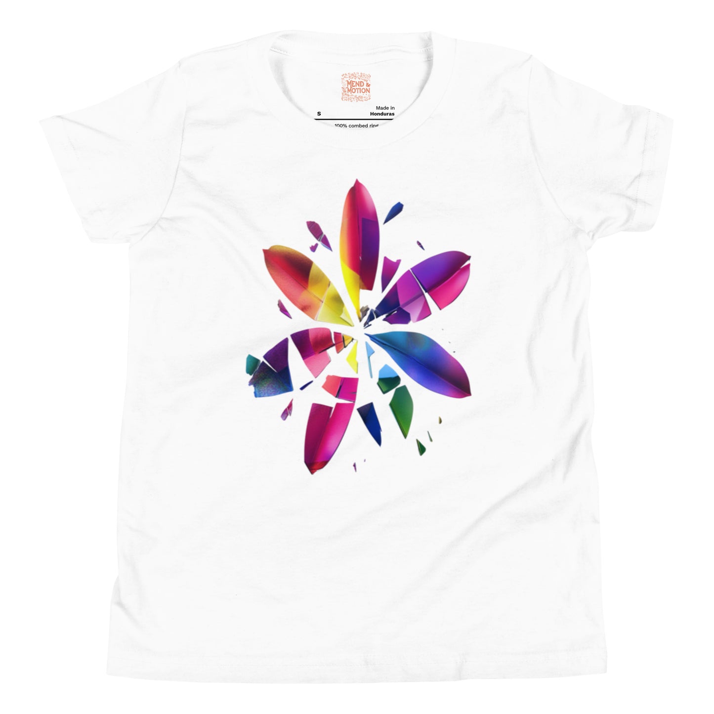 White youth t-shirt displaying a bright, colorful shattered flower with rainbow petal accents.
