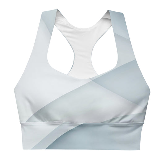 Sleek white longline sports bra featuring abstract geometric patterns in soft pastel shades, perfect for comfort and style during workouts.