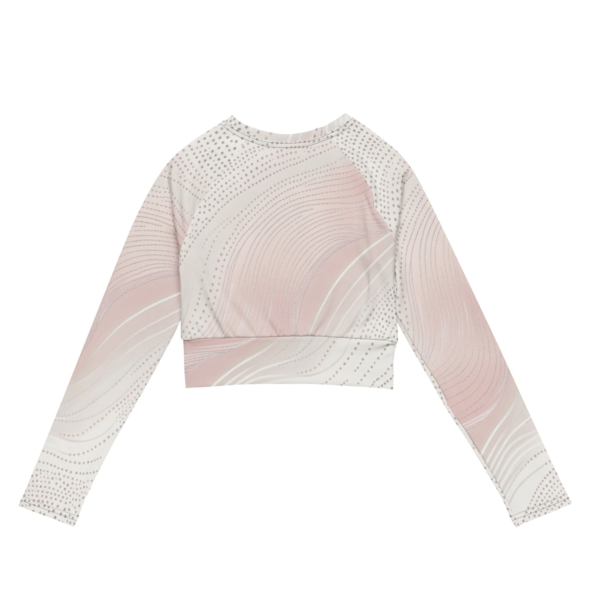Elegant long-sleeve crop top with a pink and white wave pattern, offering comfort and style for active or casual settings.