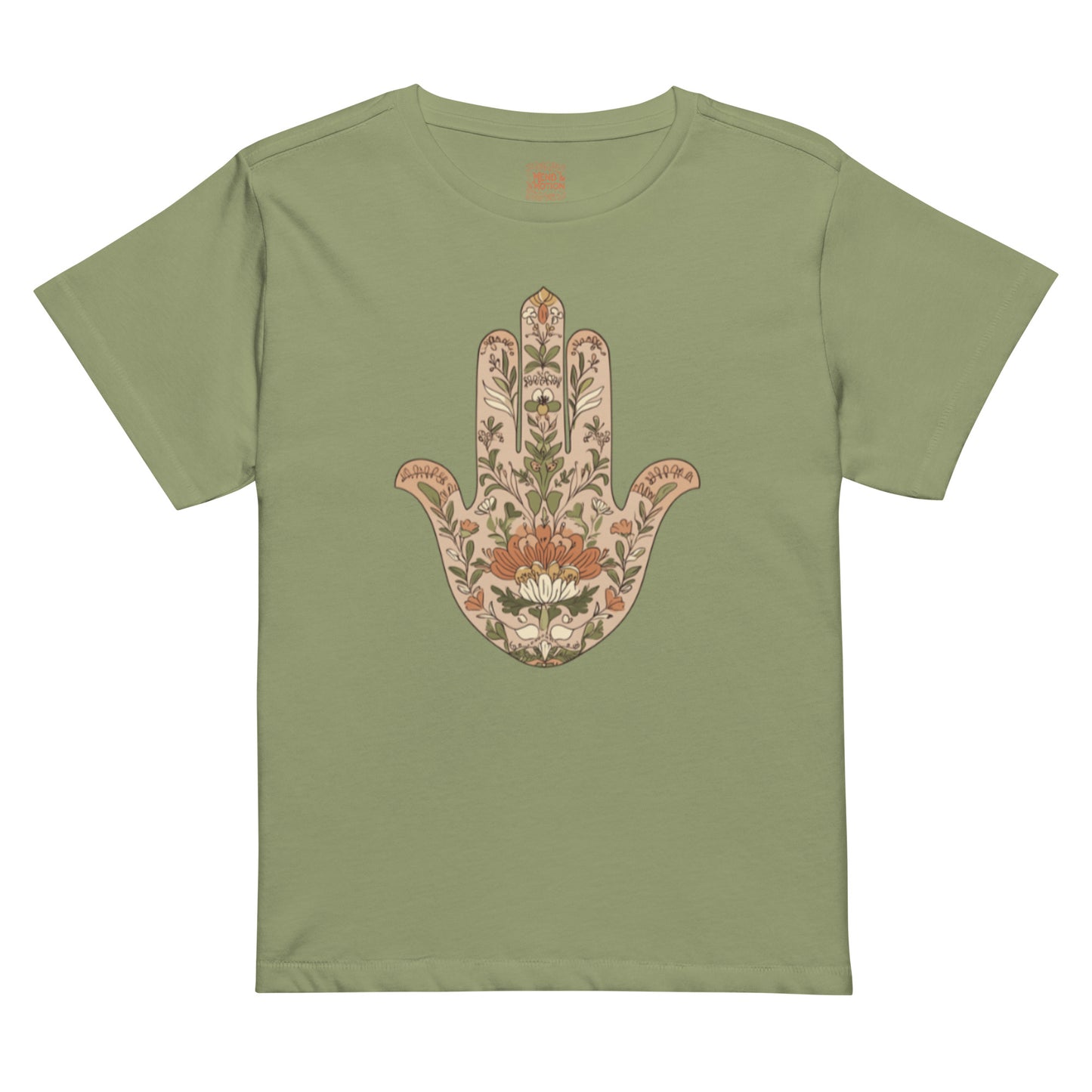 Black high-waisted tee with beige and orange floral Hamsa design.