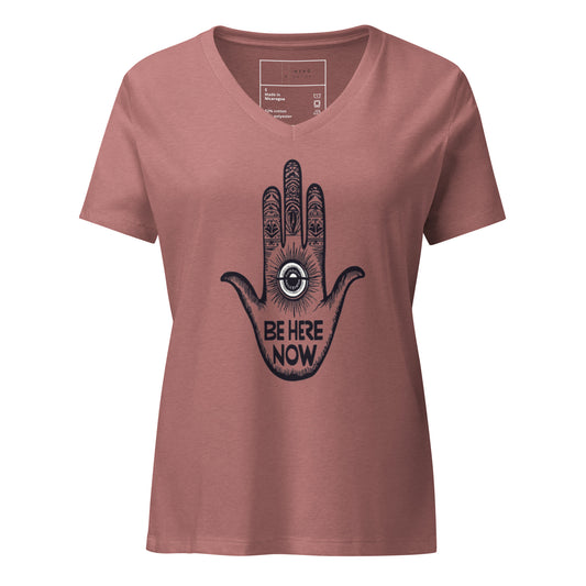 Heather Mauve V-neck T-shirt with "Be Here Now" text and intricate hamsa design featuring an all-seeing eye in black ink.