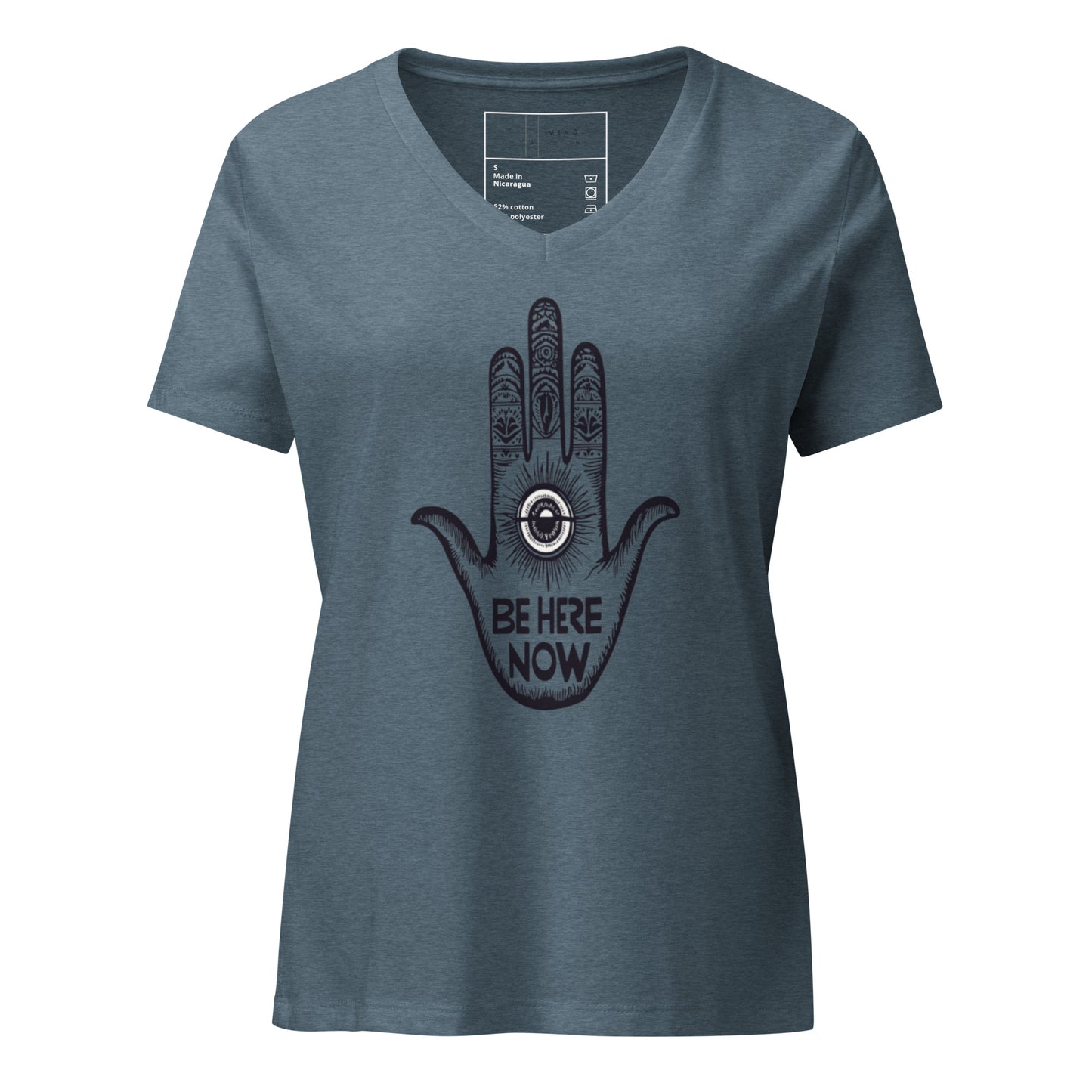 Heather Slate V-neck T-shirt showcasing the "Be Here Now" design with a detailed hamsa and all-seeing eye in bold black ink.