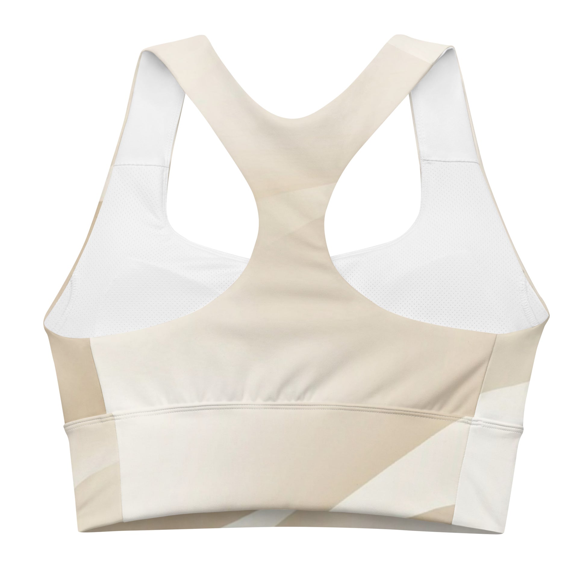 Back view of a beige geometric pattern longline sports bra featuring a racerback style with breathable mesh detailing for added comfort