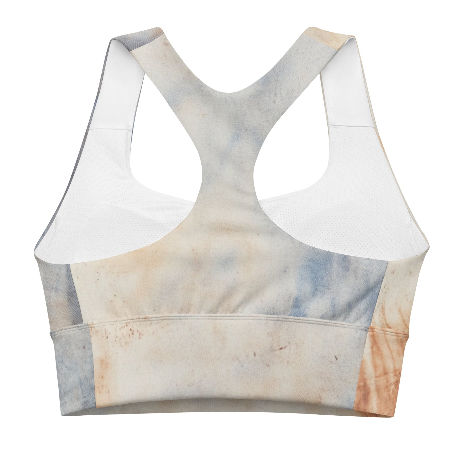 Back view of a sports bra featuring a beige and blue gradient pattern with a racerback design.