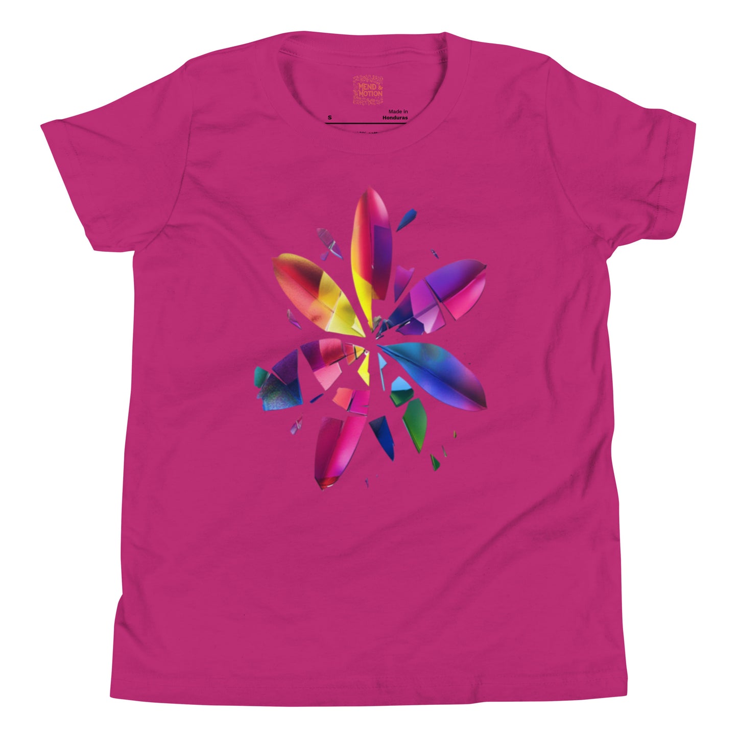 Berry-colored youth tee featuring a vibrant, rainbow-inspired shattered flower design.