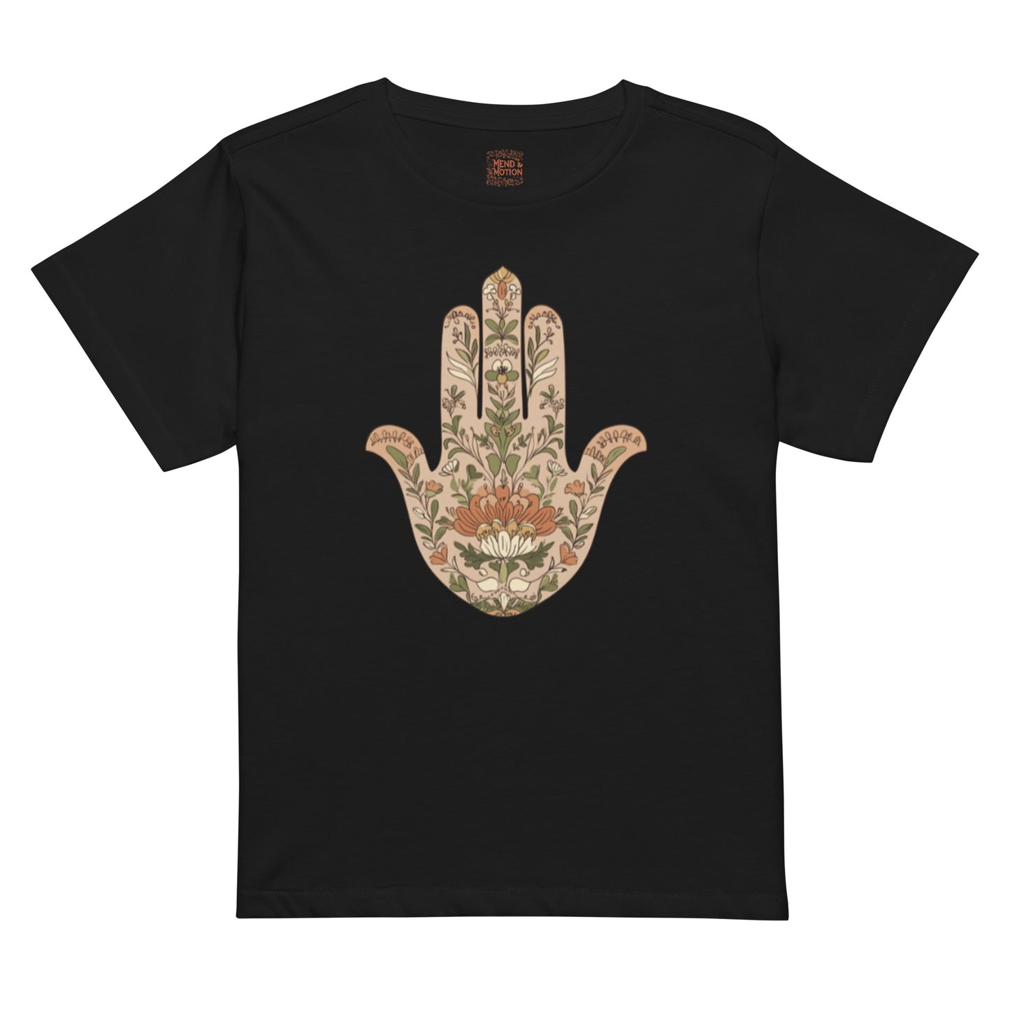 Black high-waisted tee with beige and orange floral Hamsa design.