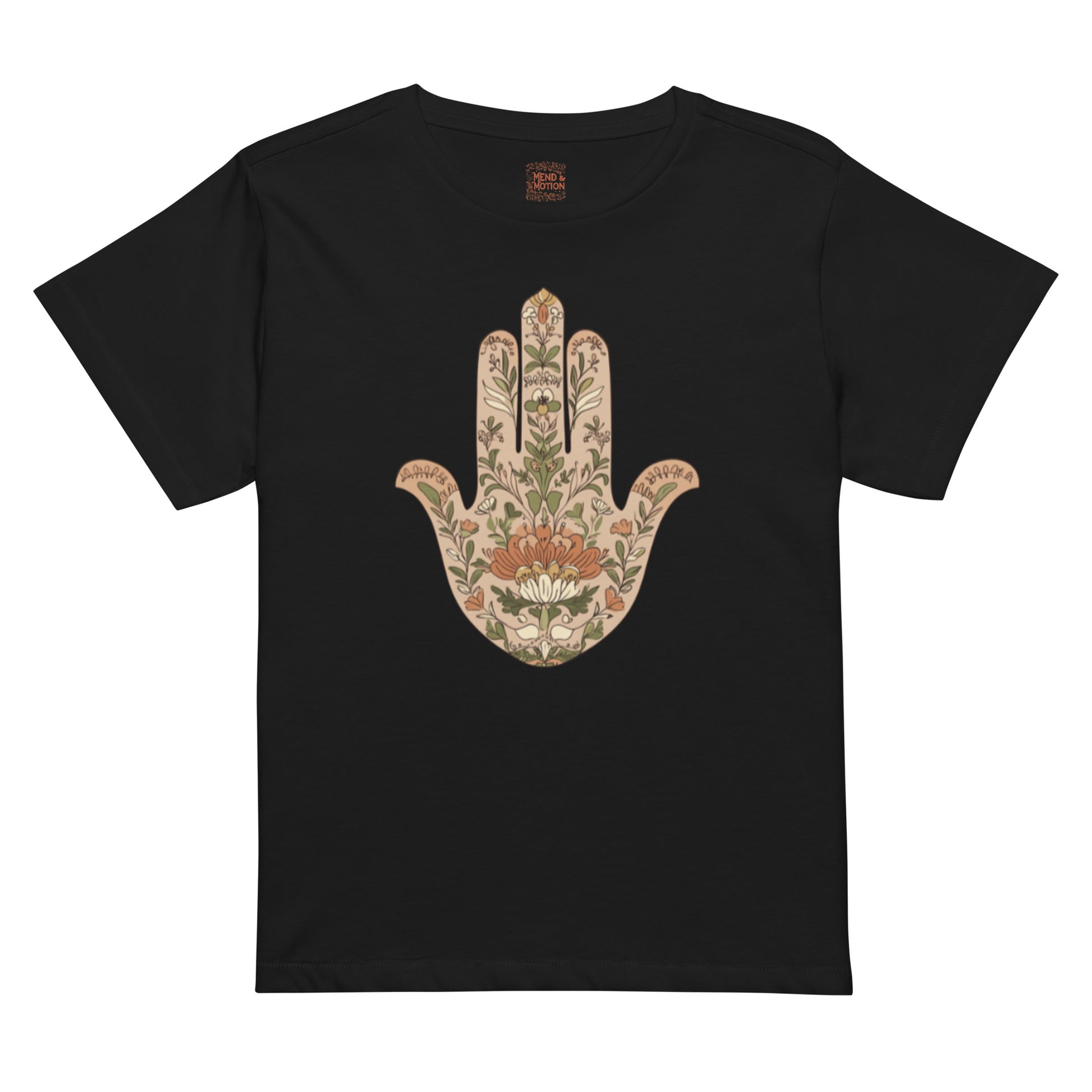 Black high-waisted tee with beige and orange floral Hamsa design.