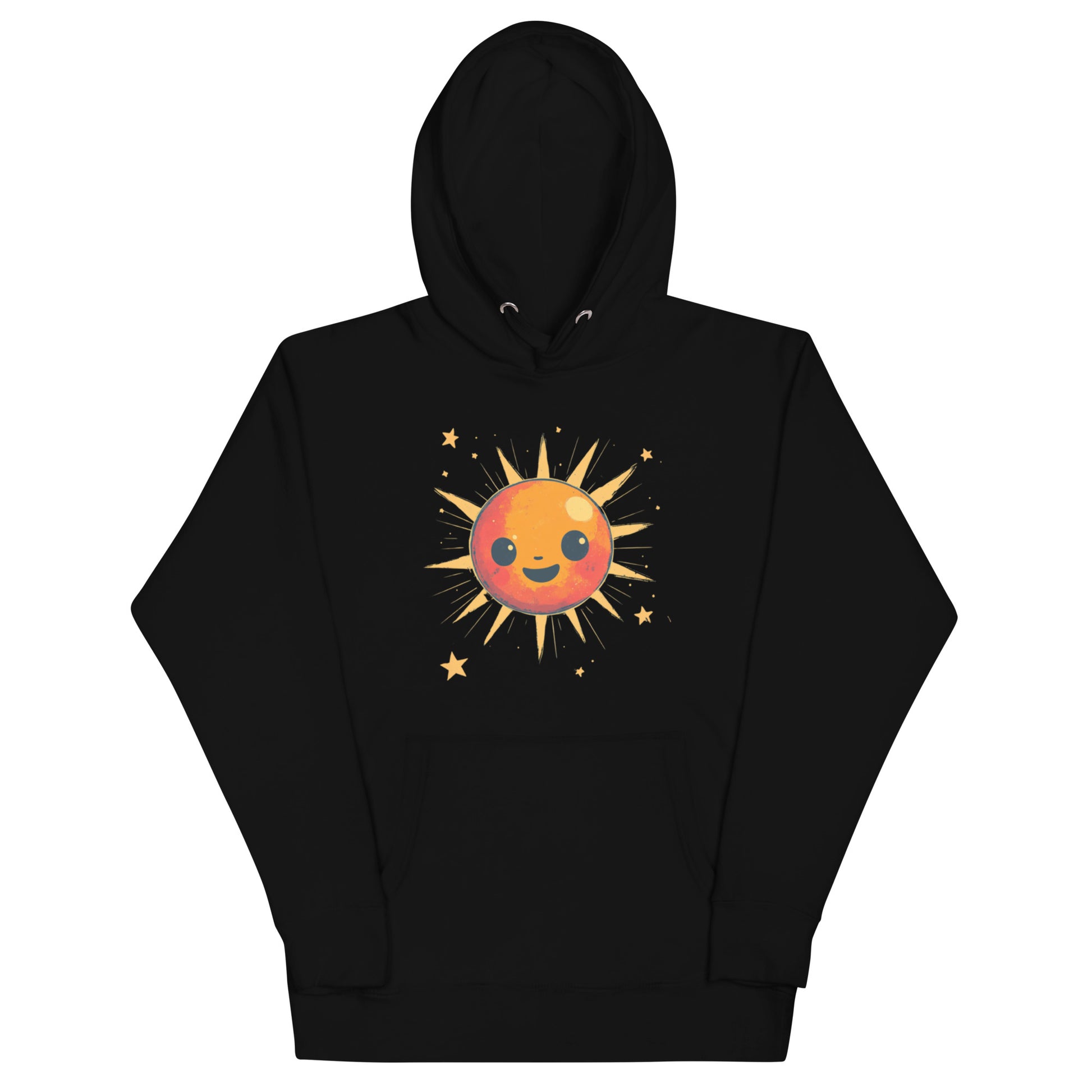 A black hoodie featuring a cute smiling sun with orange rays and stars surrounding it