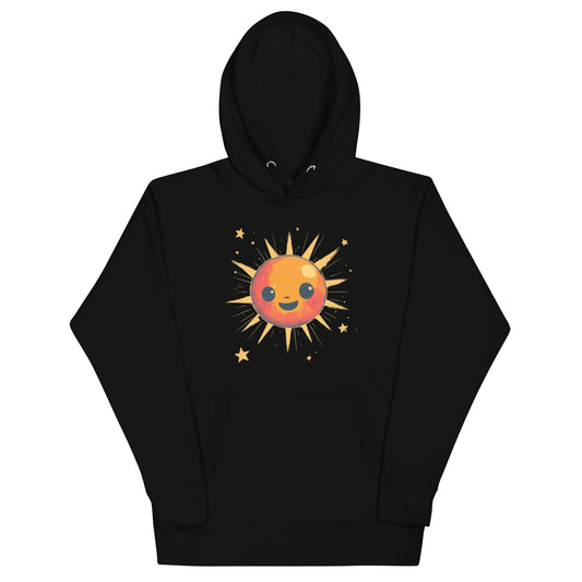 A black hoodie featuring a cute smiling sun with orange rays and stars surrounding it