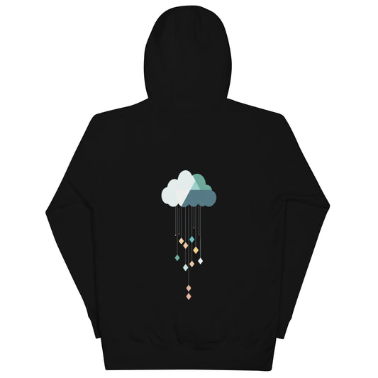 Black hoodie featuring geometric cloud and falling diamond design.