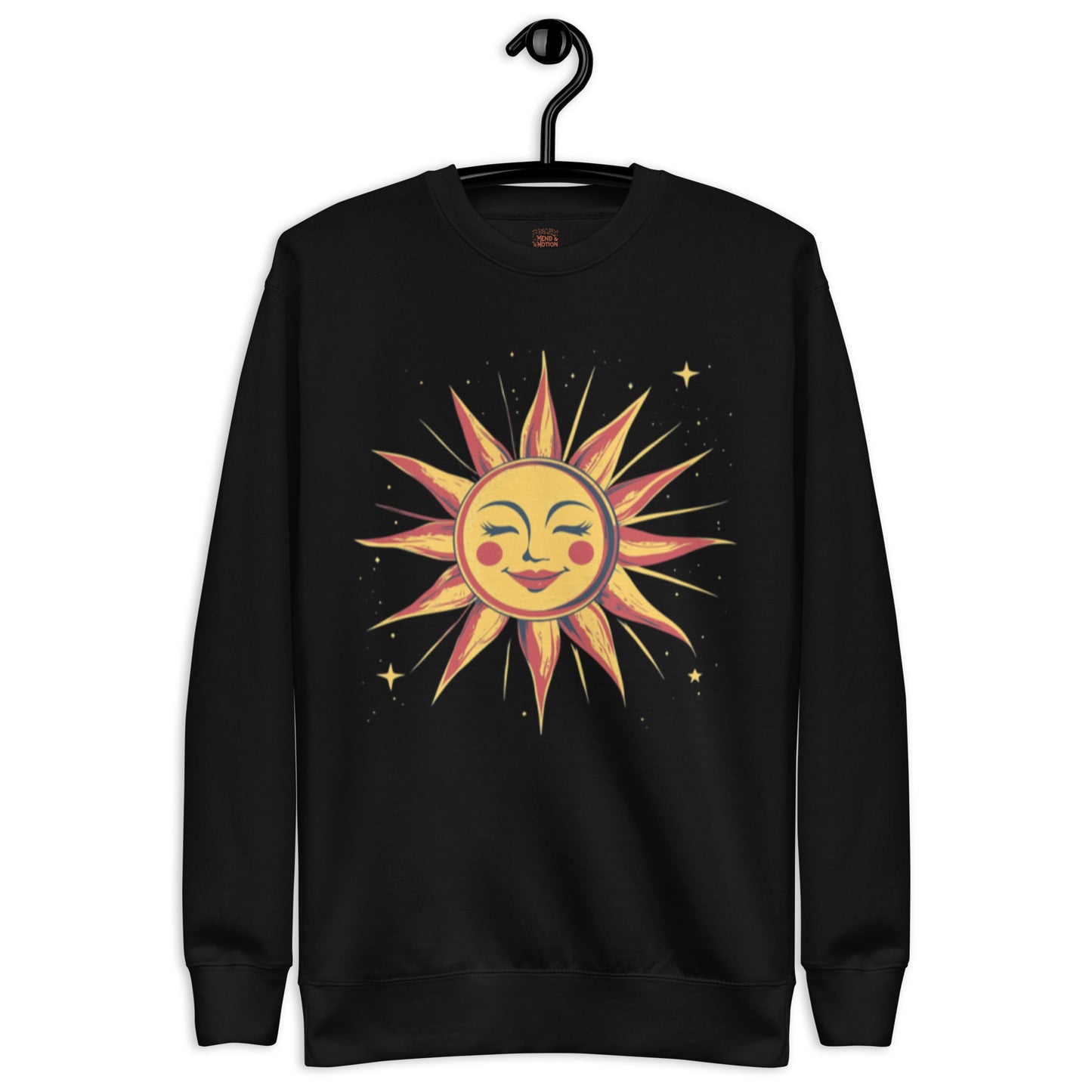 A black unisex sweatshirt featuring a vibrant yellow and red sun face illustration against a starry background.