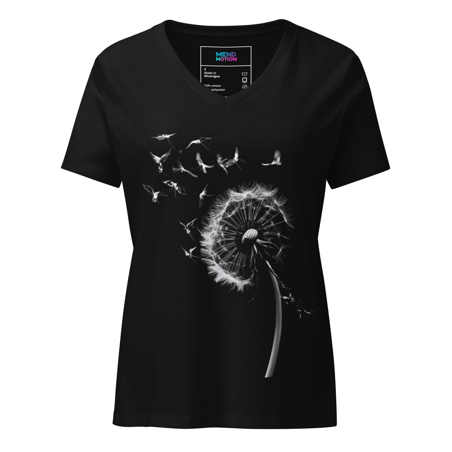 Women's relaxed V-neck T-shirt in solid black with a white dandelion blowing seeds, a minimalistic design celebrating nature and renewal