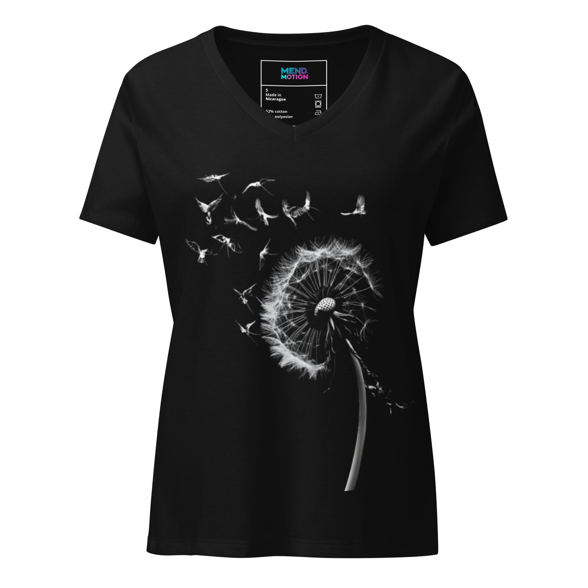Women's relaxed V-neck T-shirt in solid black with a white dandelion blowing seeds, a minimalistic design celebrating nature and renewal
