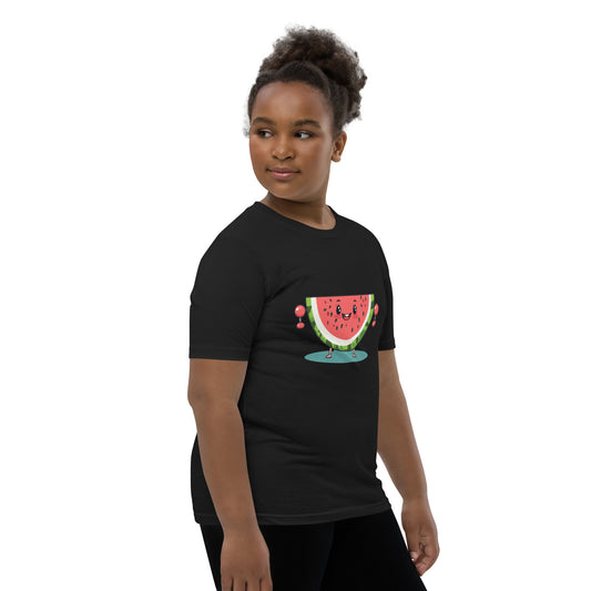 Child wearing a black youth t-shirt with a fun watermelon weightlifter design, standing confidently
