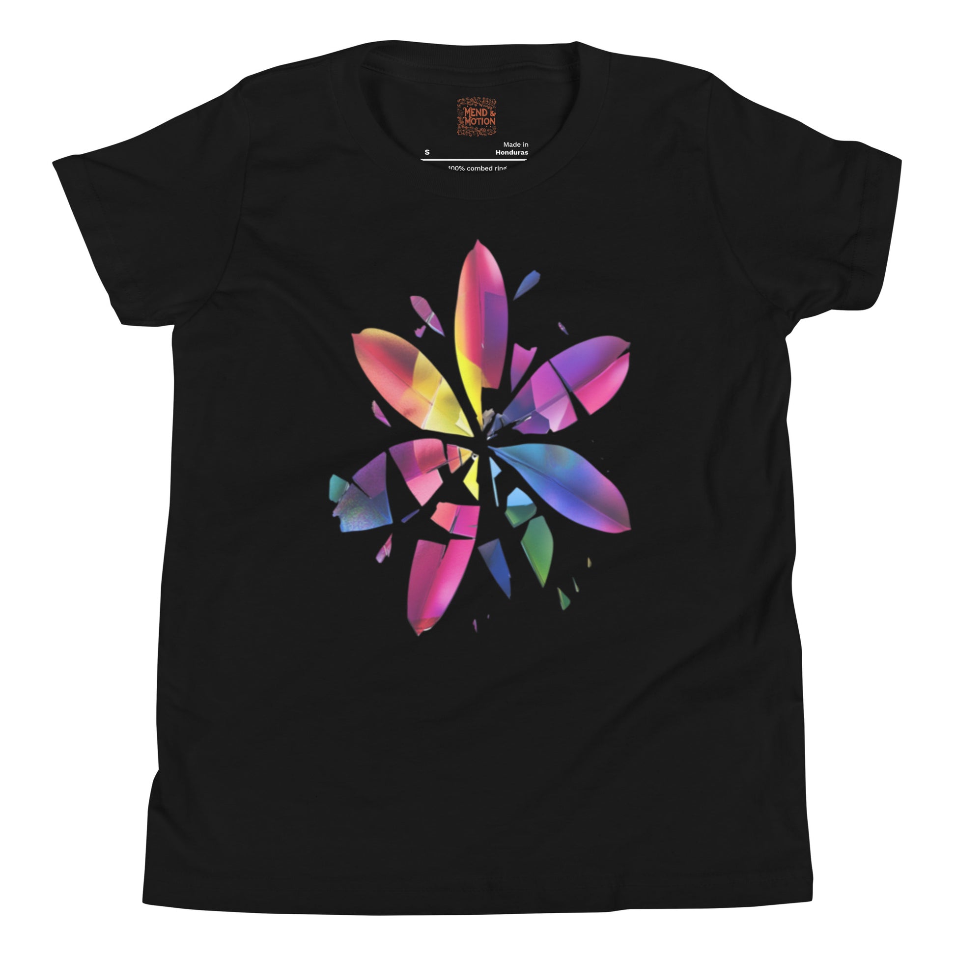Black youth tee featuring a bold and colorful shattered design forming a vivid, abstract flower shape