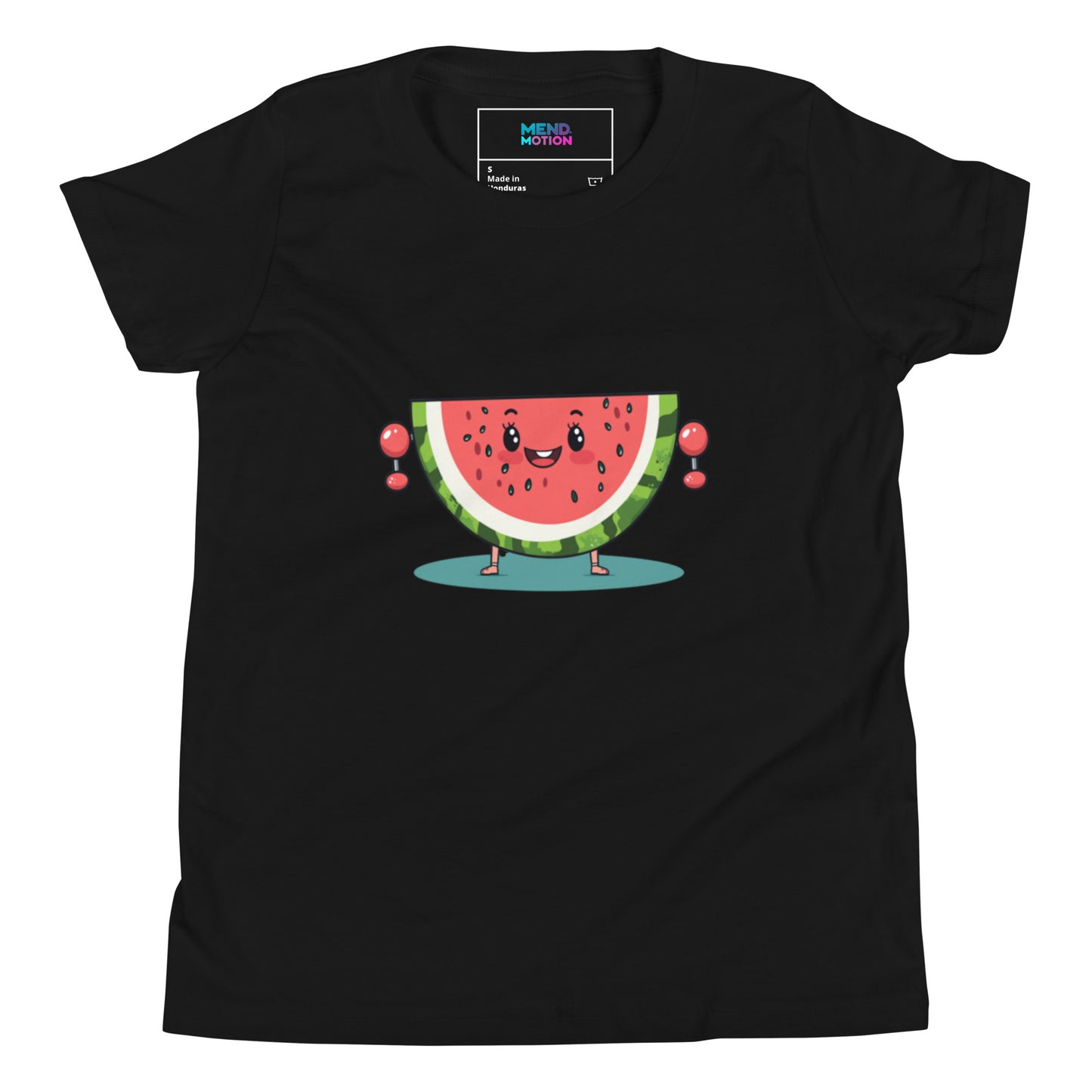 Black youth t-shirt featuring a cute watermelon character lifting weights, displayed against a white background