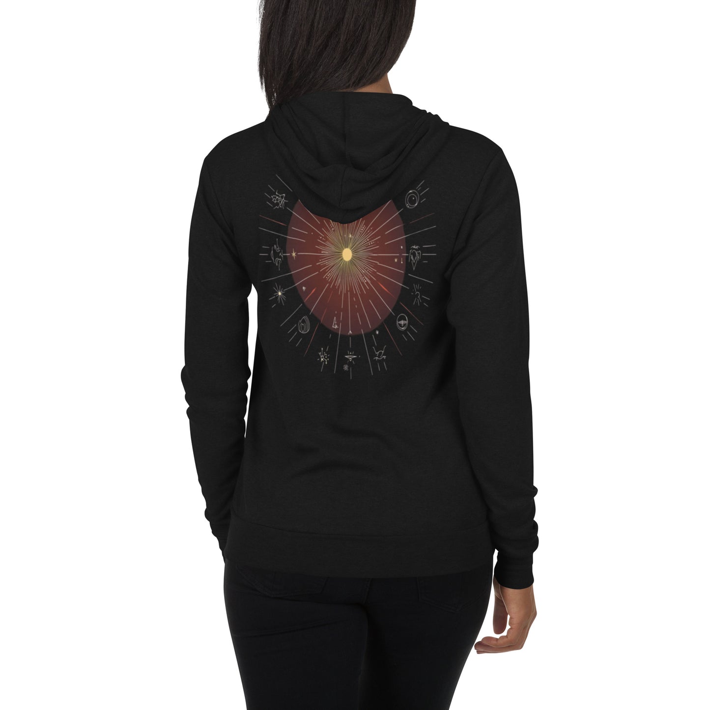 A black zip hoodie featuring a vibrant sunburst design with a glowing yellow center and intricate symbols around it.