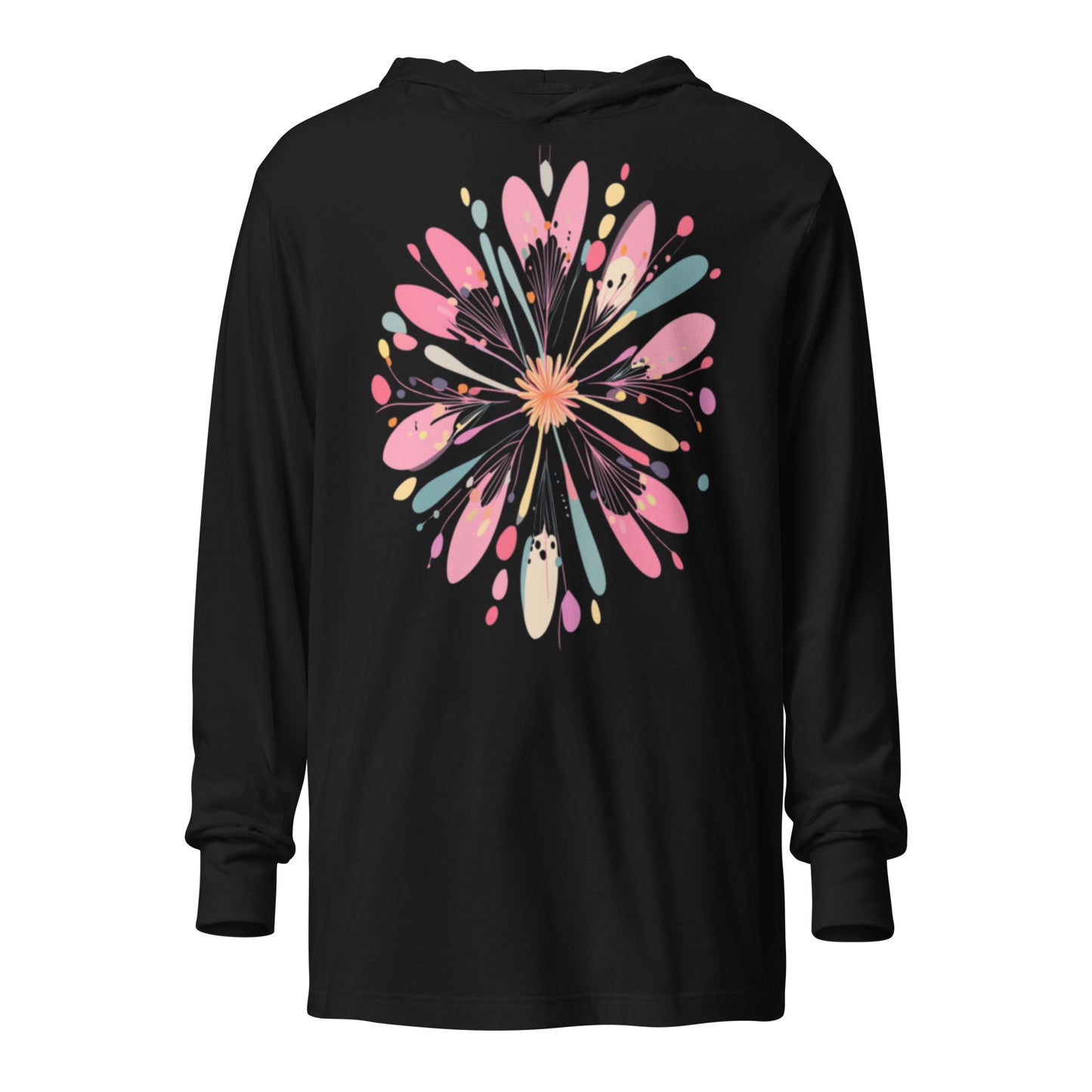 Flat-lay of black hoodie featuring an abstract flower graphic design.
