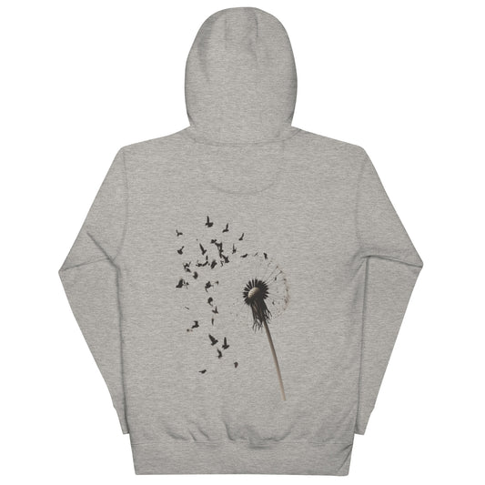 Carbon grey hoodie featuring a dandelion transforming into flying birds design on the back.