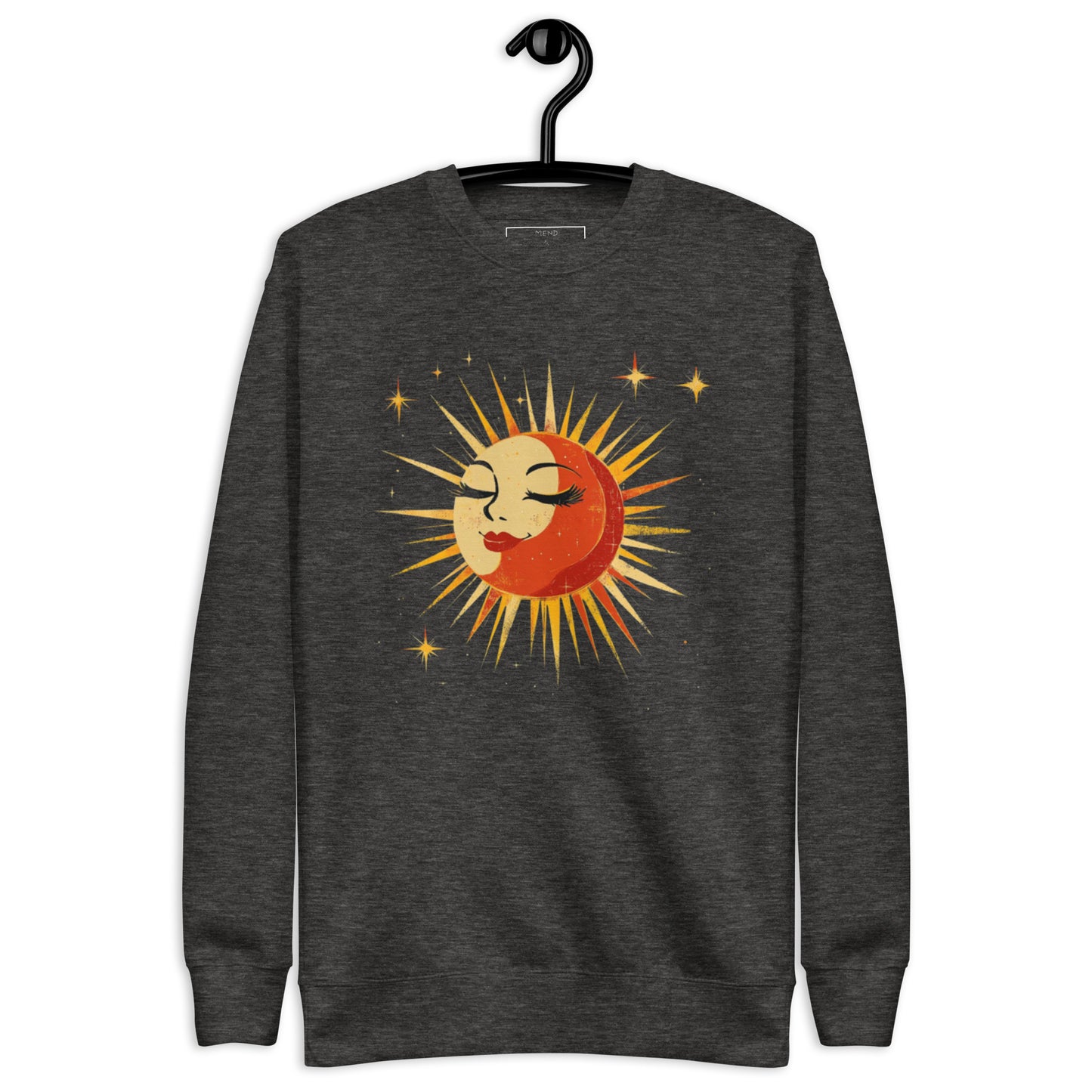 Charcoal heather sweatshirt with a bright vintage sun and moon design, surrounded by golden stars.